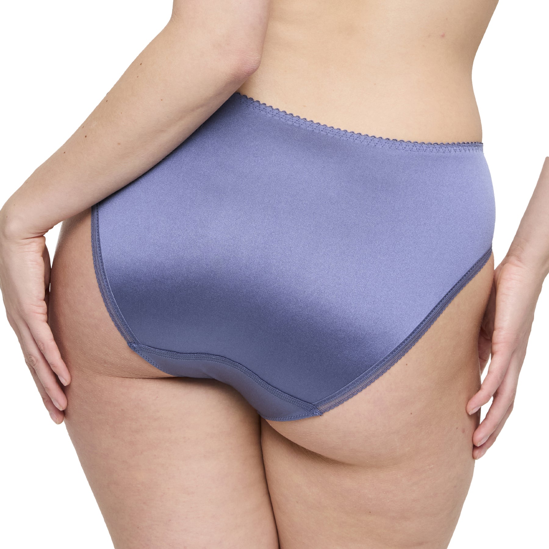 Rear close-up of nightshadow blue full coverage panties with a smooth satin back and scalloped waistband trim.