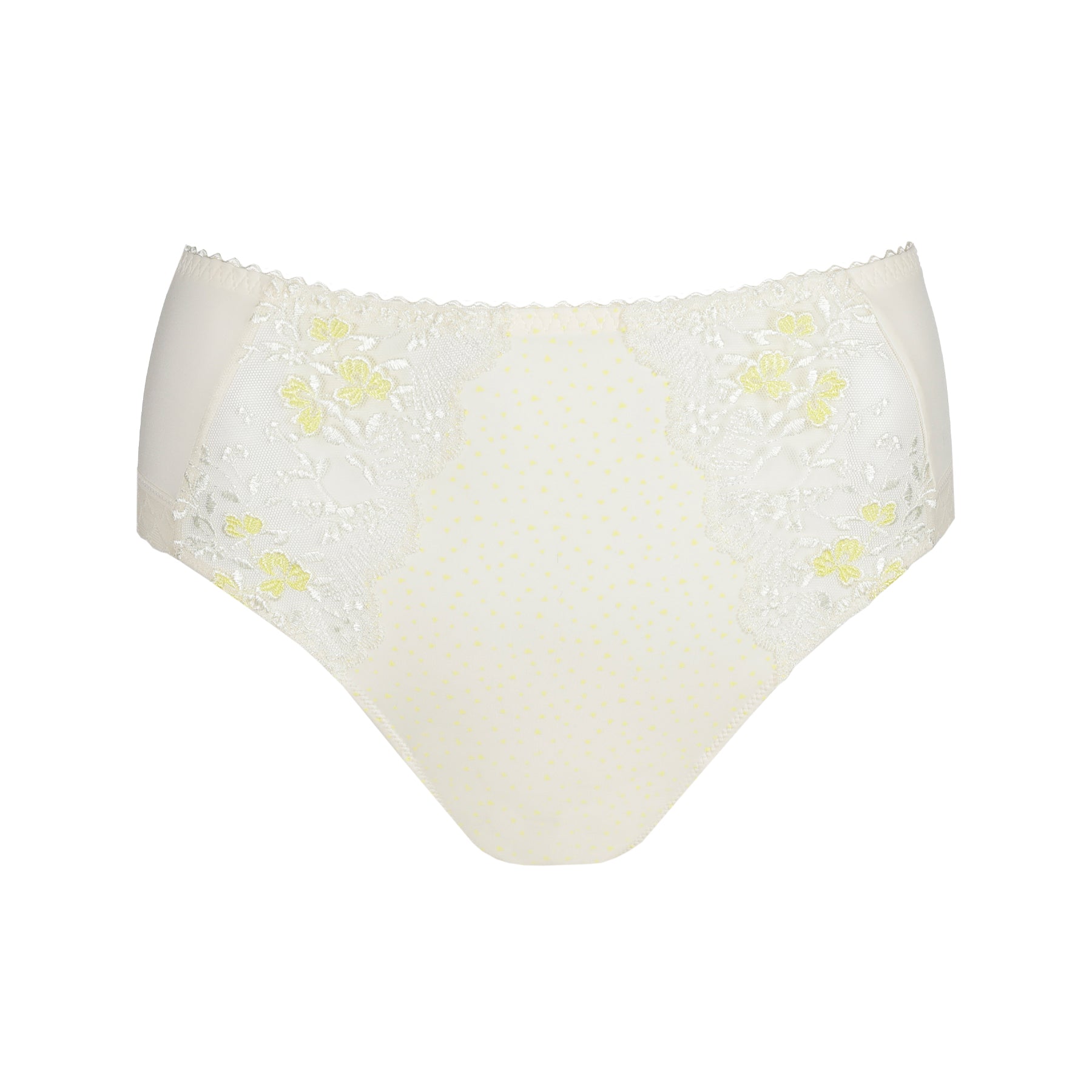 Flat lay of high-waisted ivory brief featuring sheer side panels with yellow floral embroidery and dotted centre panel.