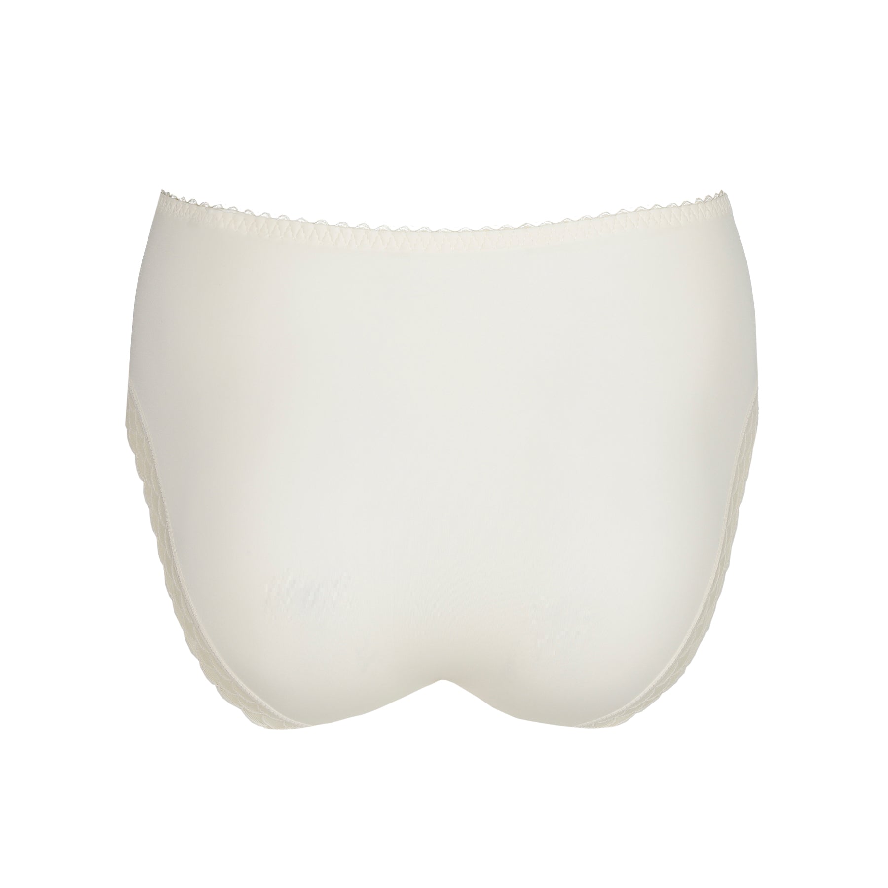 Flat lay of the back side of the high-waisted brief in smooth ivory microfiber with clean finish and no seams.