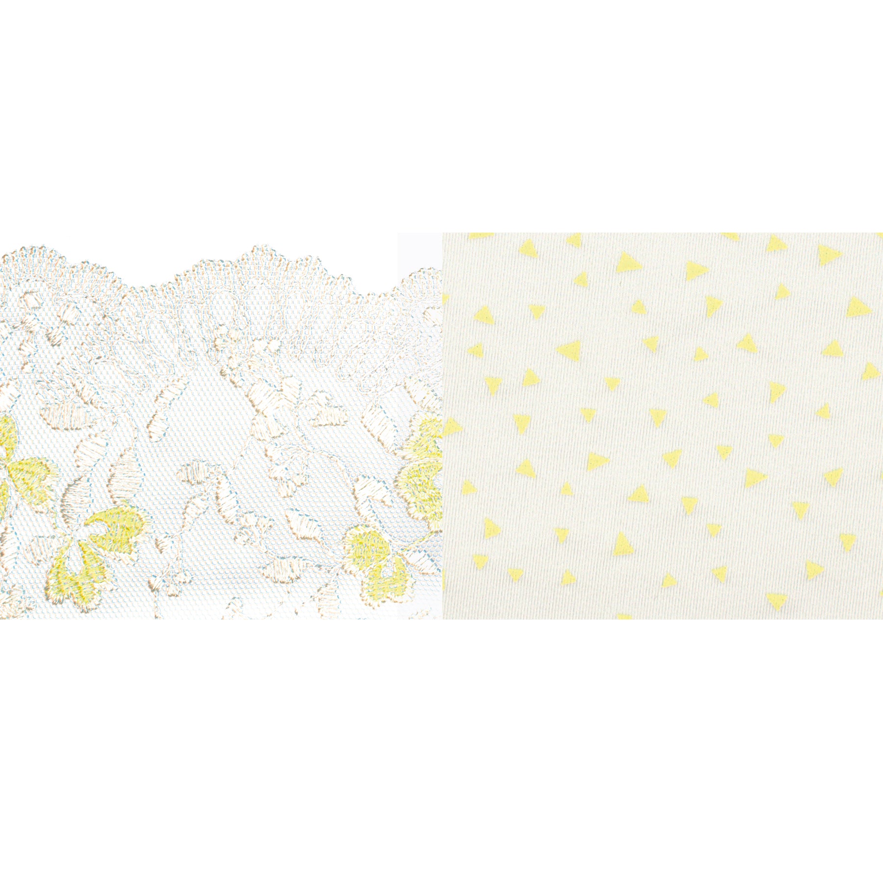 Close-up of the fabric showing delicate yellow floral lace and soft ivory fabric with tiny yellow dots.