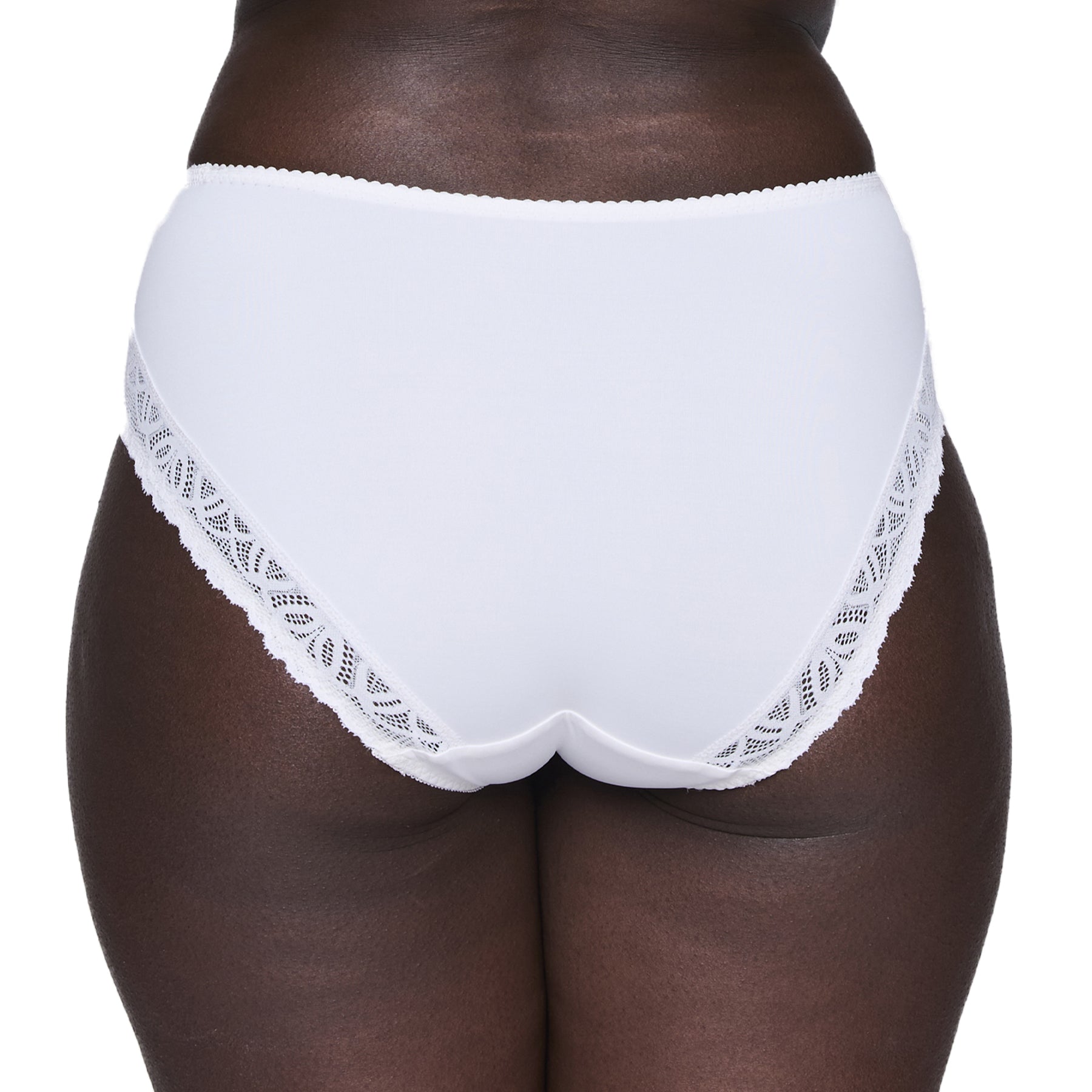 Close-up rear view of a white high-waist panty with lace trim detail along the leg openings, modeled on a dark-skinned woman.