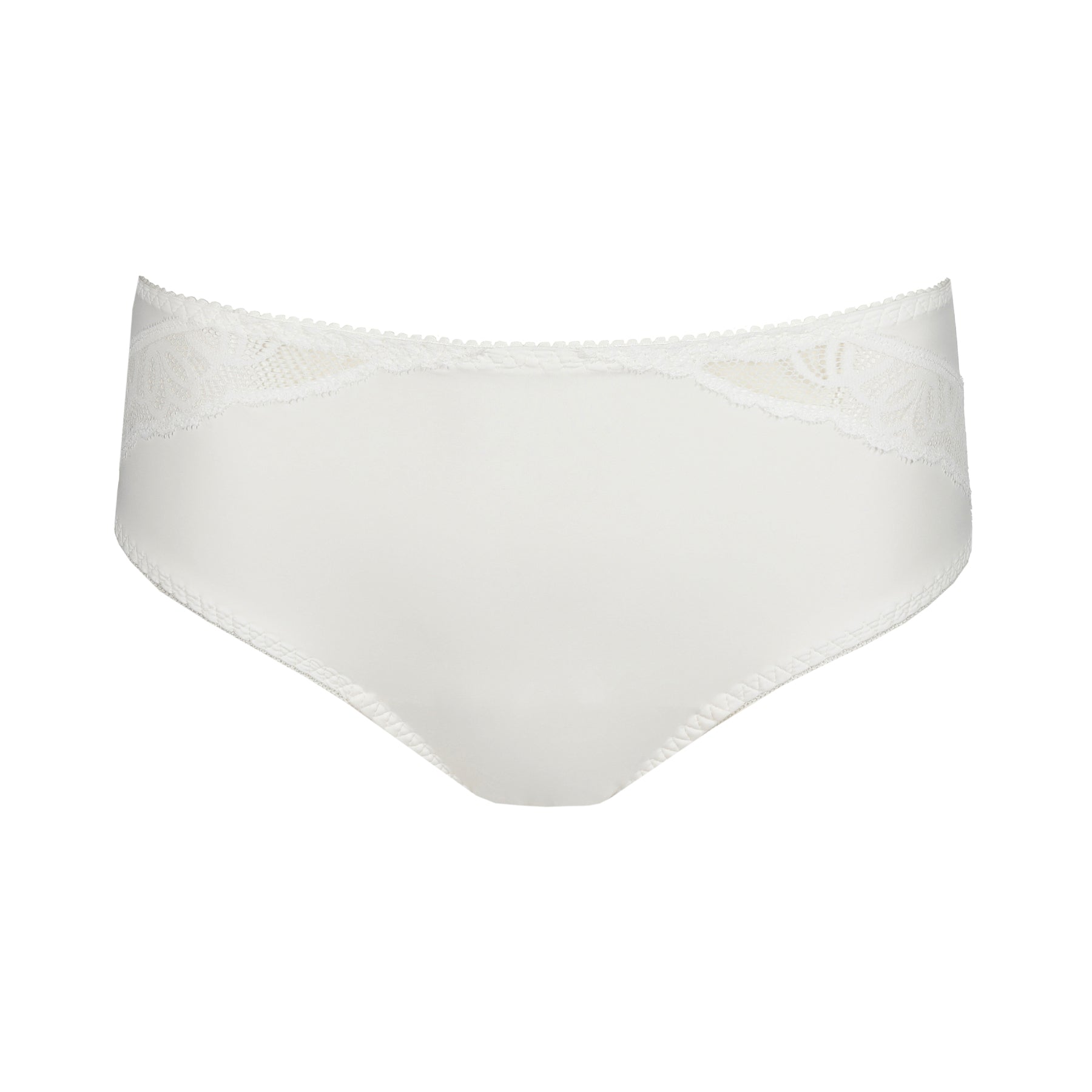 Flat lay of a white high-waist panty with diagonal lace accents across the hips.