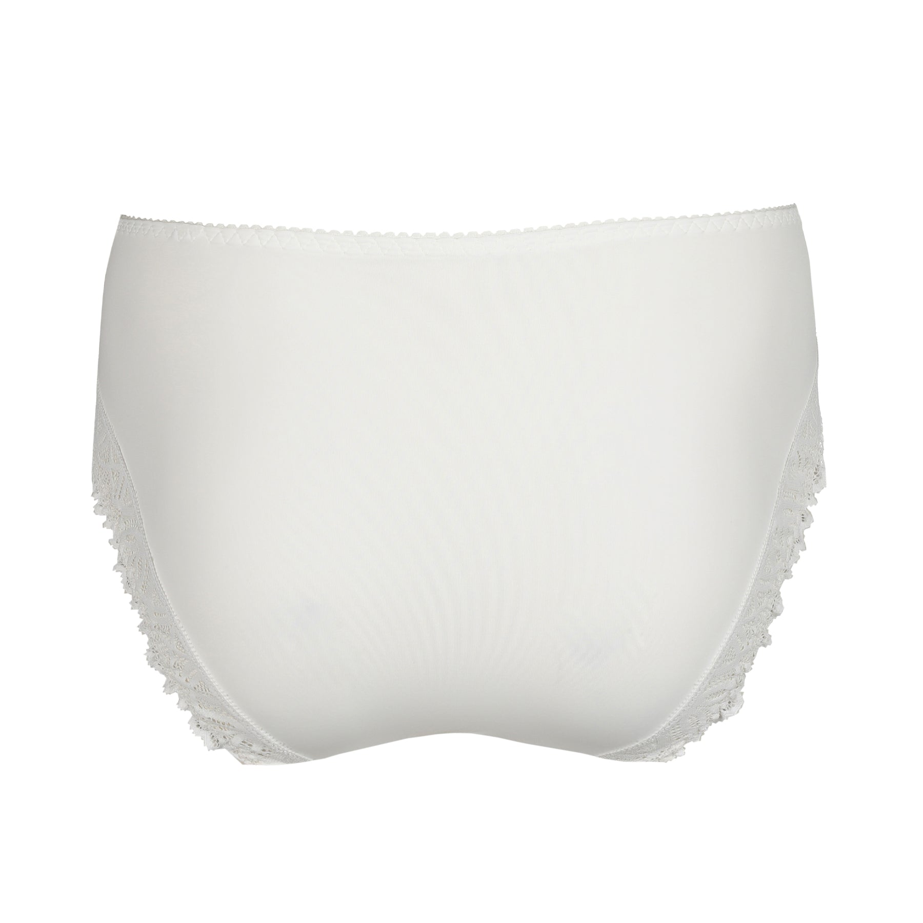 Back flat lay of a white high-waist panty featuring smooth microfiber fabric with lace accents on the sides.