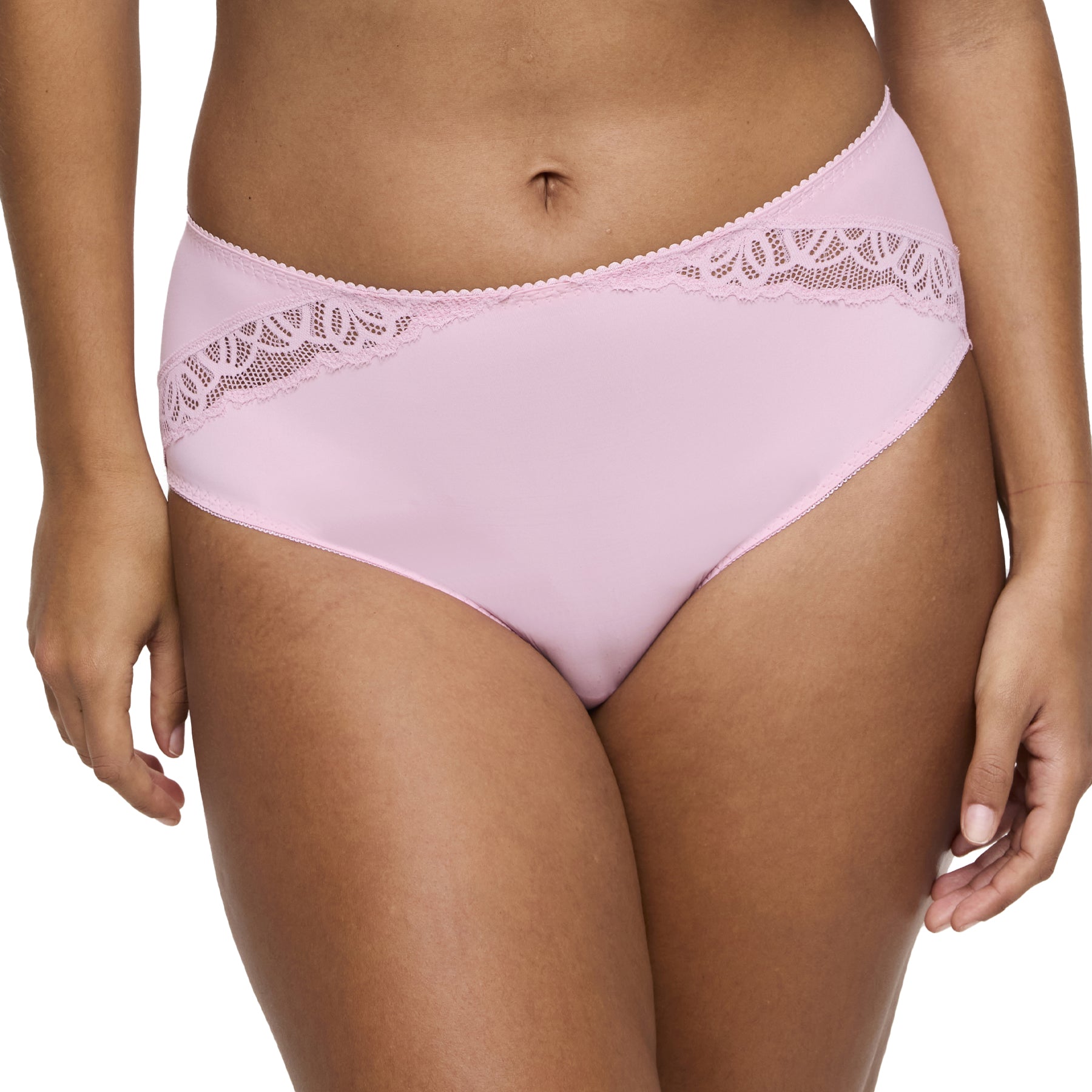 Close-up of pink high-waisted brief on model, showing soft stretch fabric and lace accent.