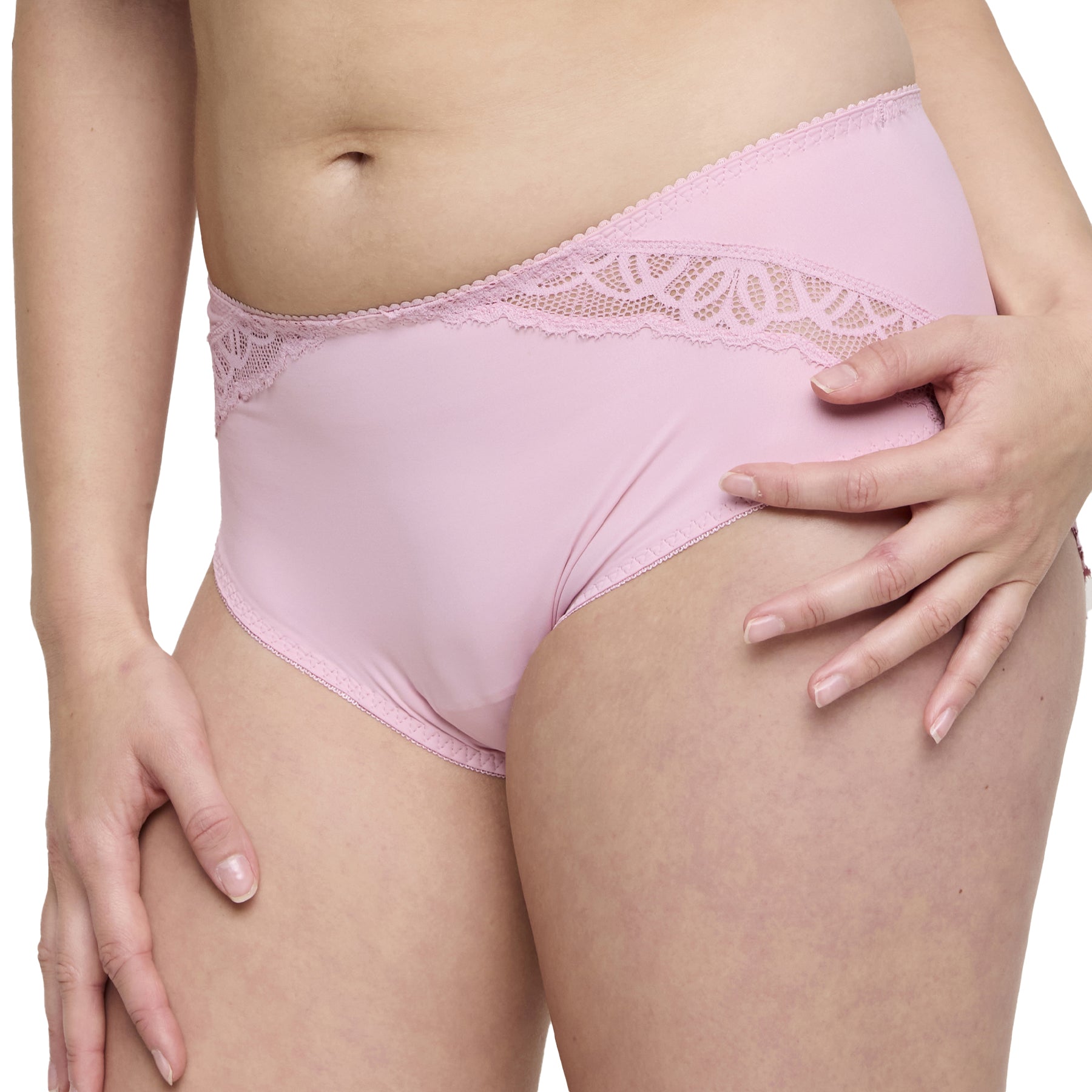 Side angle view of pink high-waisted brief with lace panel detail and smooth silhouette.