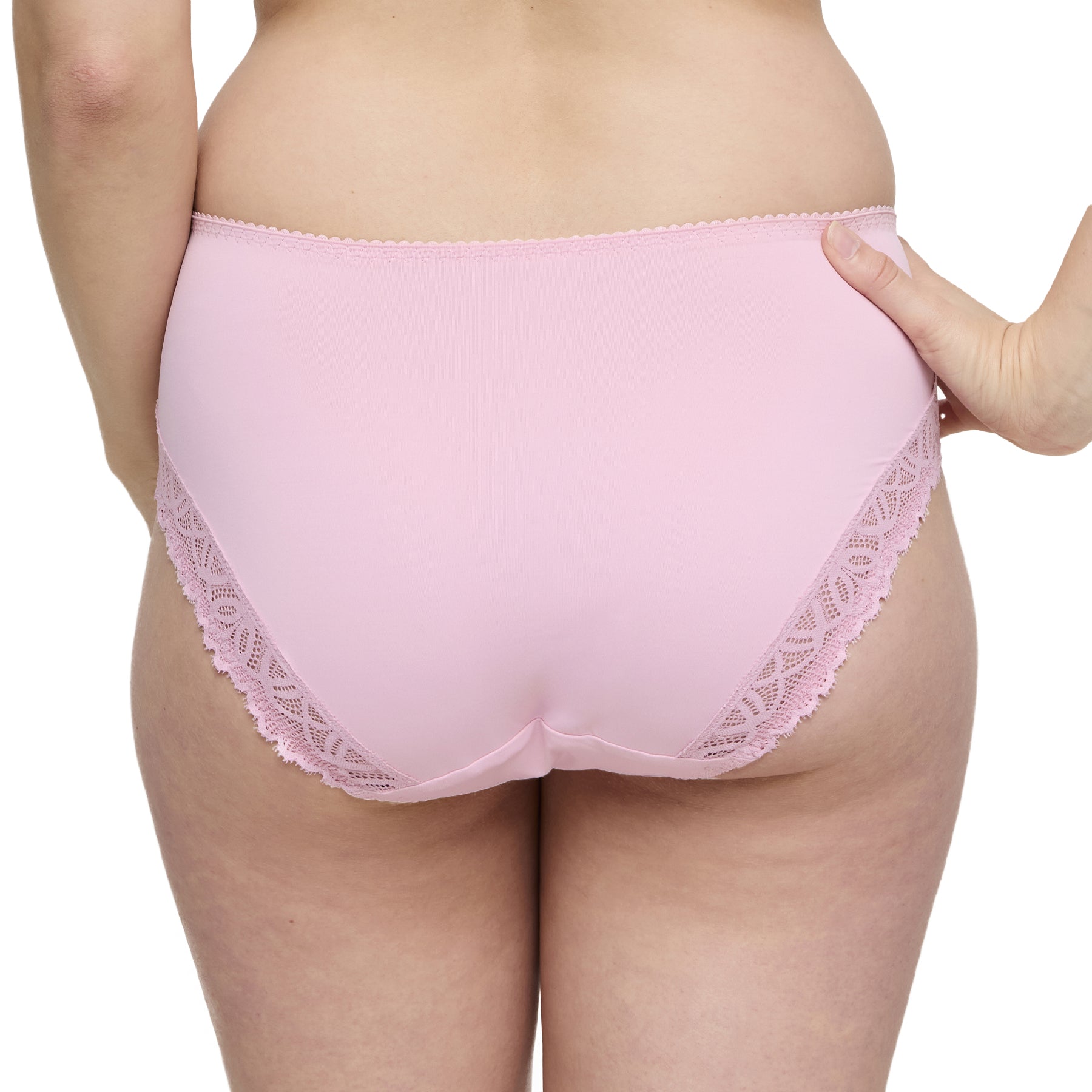 Back view of high-waisted blush pink brief with sheer lace edging along the sides and leg line.