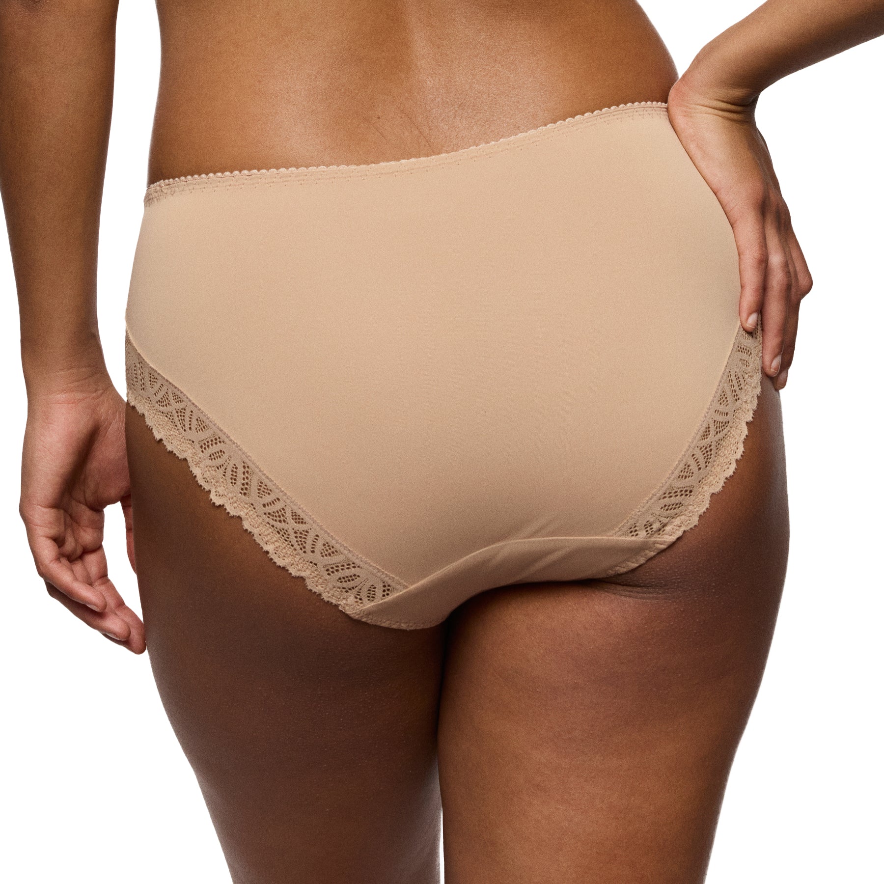 Nude full coverage brief back view on model with smooth fabric and lace trim along the edges