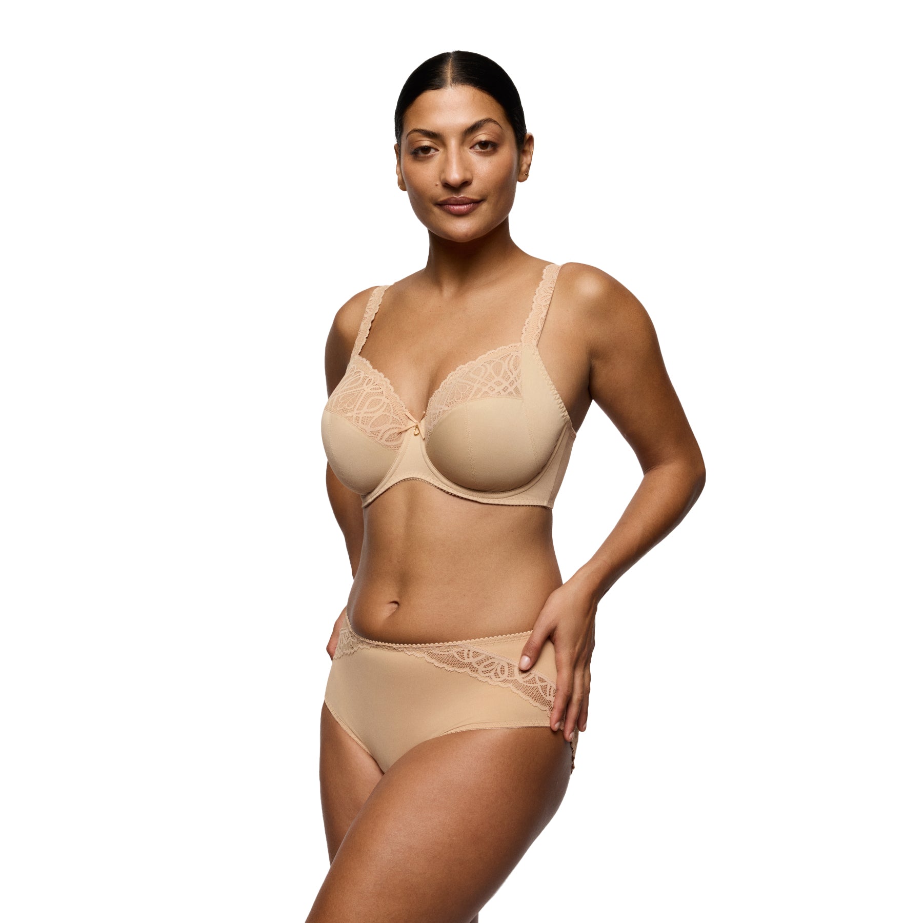 Nude lace bra and matching full brief set on model, comfortable mid-rise brief with elegant lace detailing