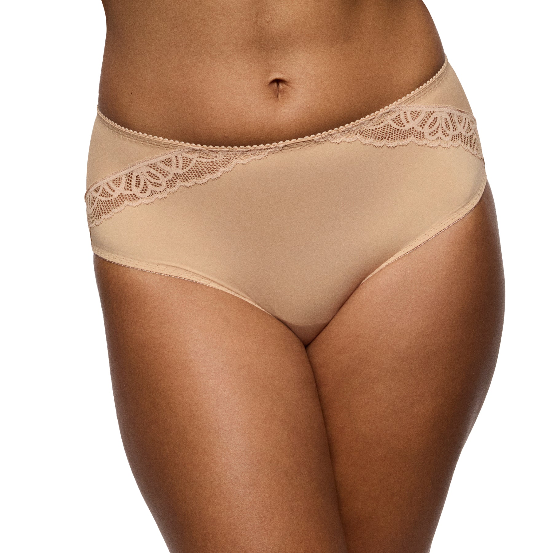 Close-up of nude full brief on model with lace waistband detail and smooth, comfortable fit