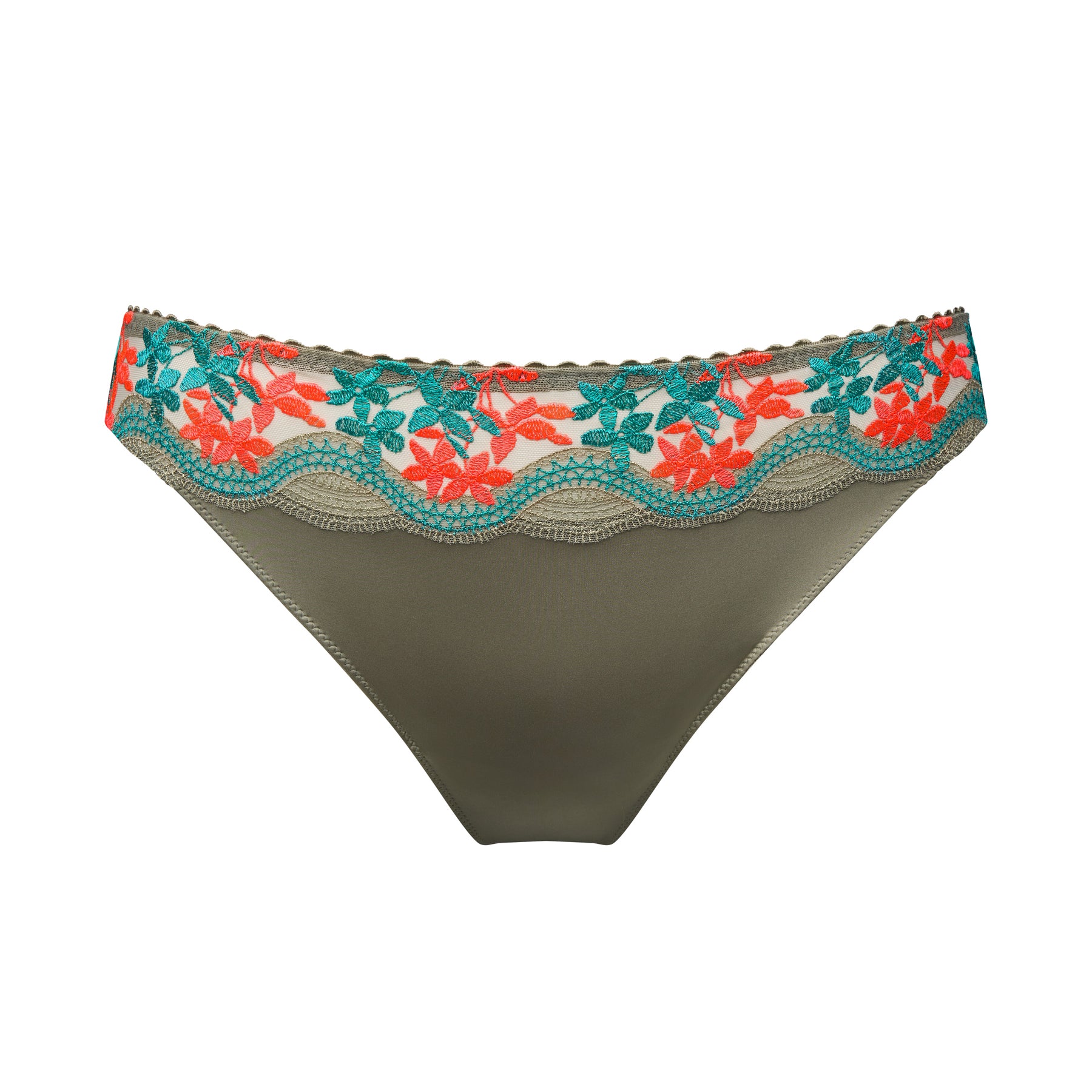 PrimaDonna Cala Luna Rio brief in Botanique featuring vibrant coral and turquoise floral embroidery on sheer tulle with a soft khaki front panel.
