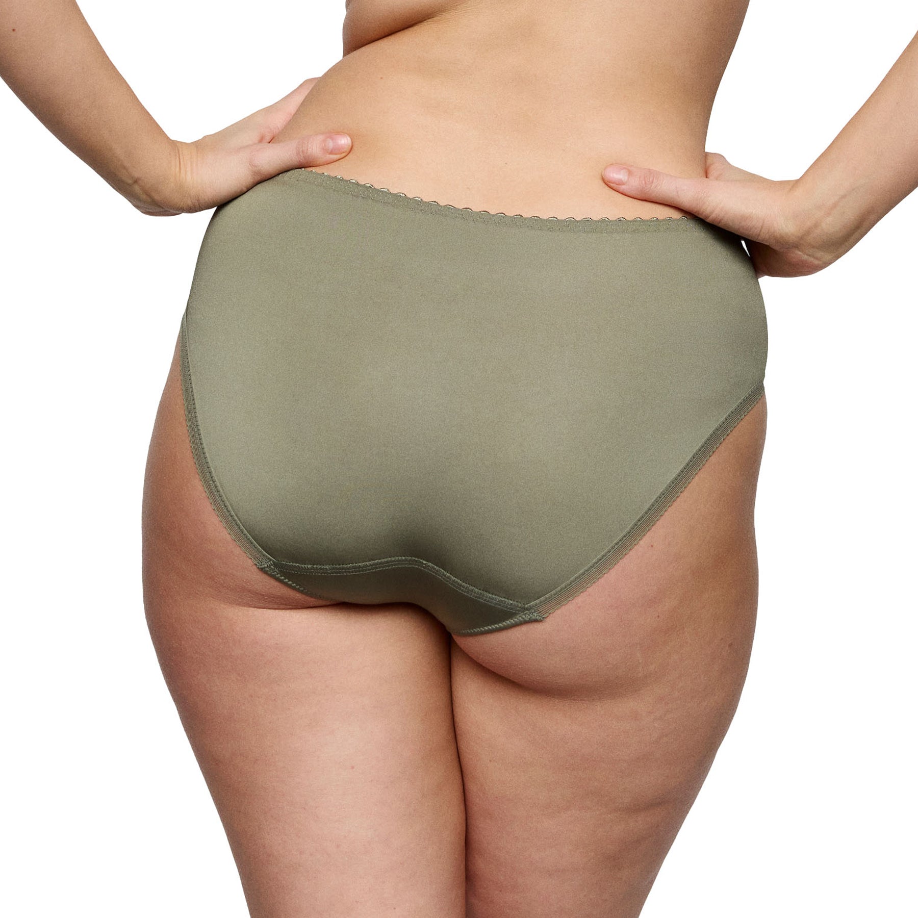 PrimaDonna Cala Luna full brief in Botanique, back view with smooth full-coverage design and soft khaki fabric for exceptional everyday comfort.