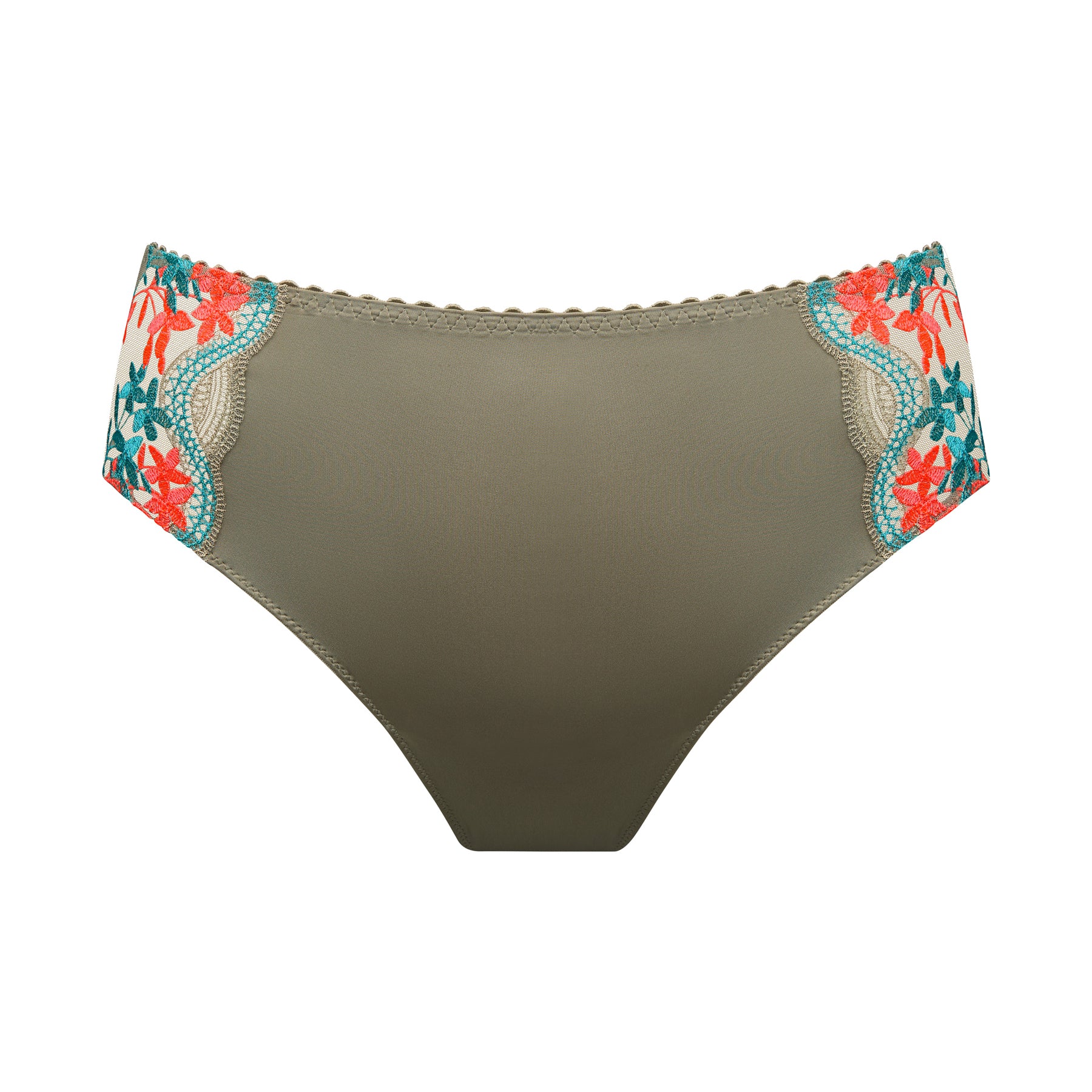PrimaDonna Cala Luna full brief in Botanique with a smooth front panel, sheer embroidered side inserts, and colourful floral embroidery.