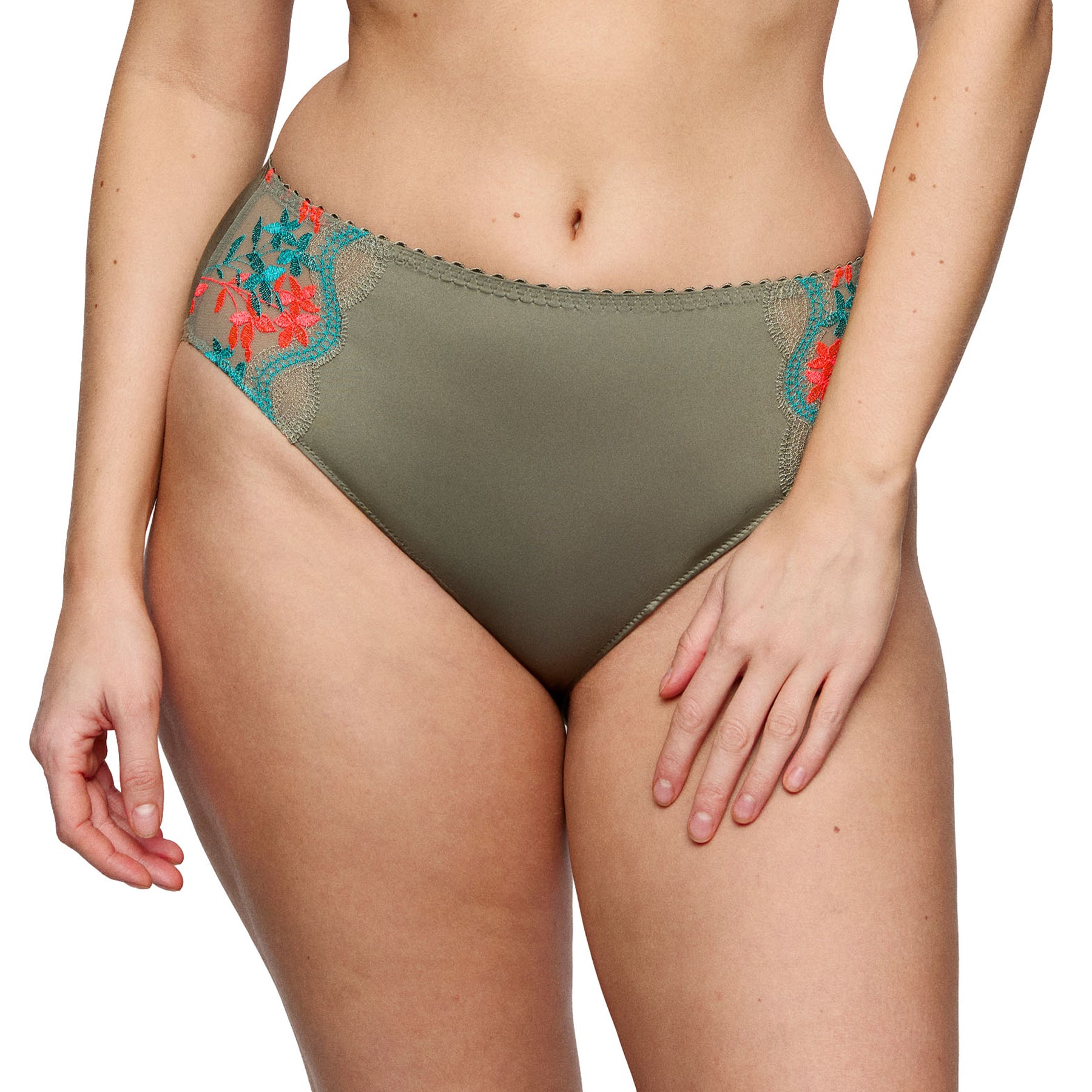 Model wearing PrimaDonna Cala Luna full brief in Botanique with a flattering high-rise fit, full coverage, and elegant embroidered side panels.