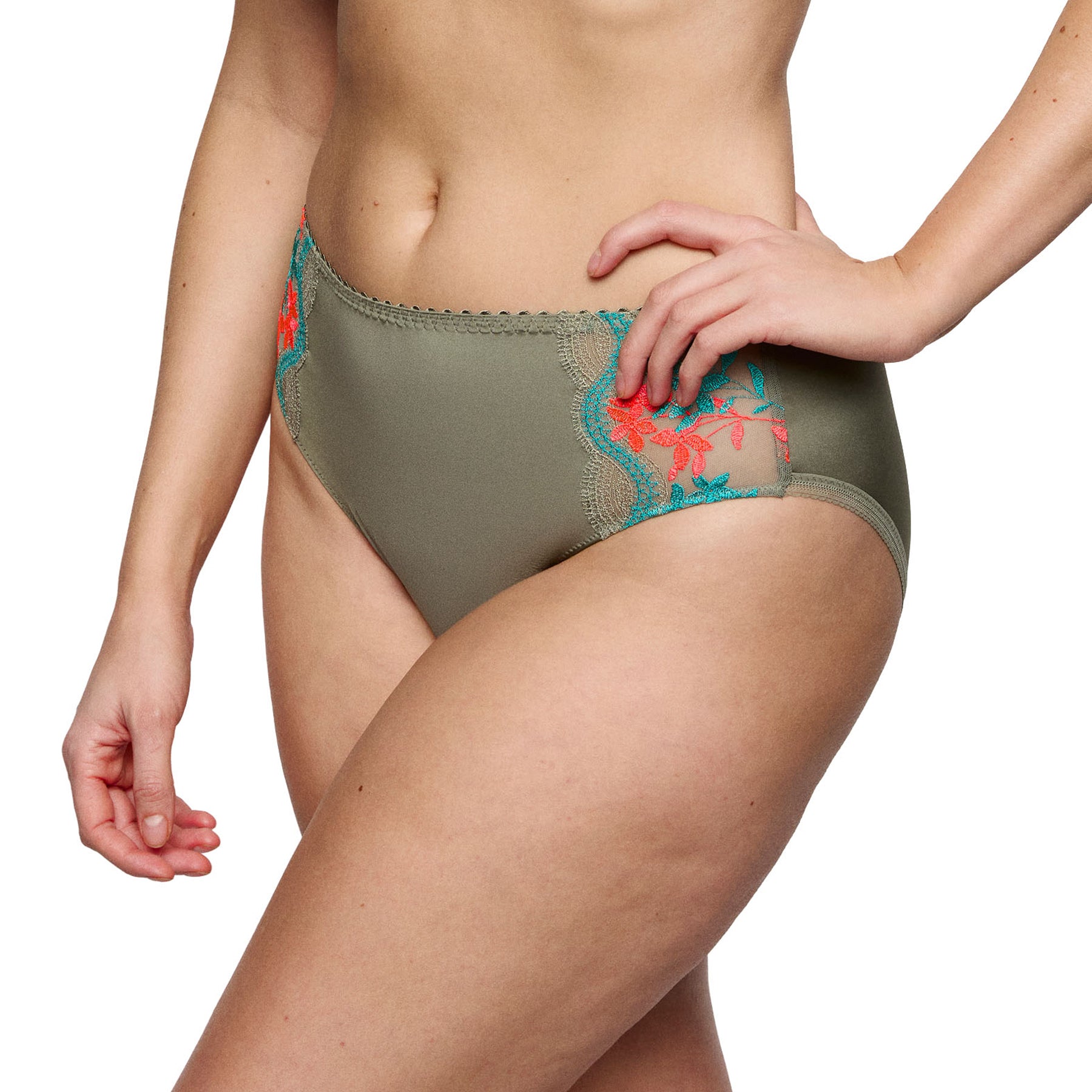 PrimaDonna Cala Luna full brief in Botanique showcasing soft khaki fabric, sheer floral embroidery at the hips, and a comfortable full-coverage silhouette.