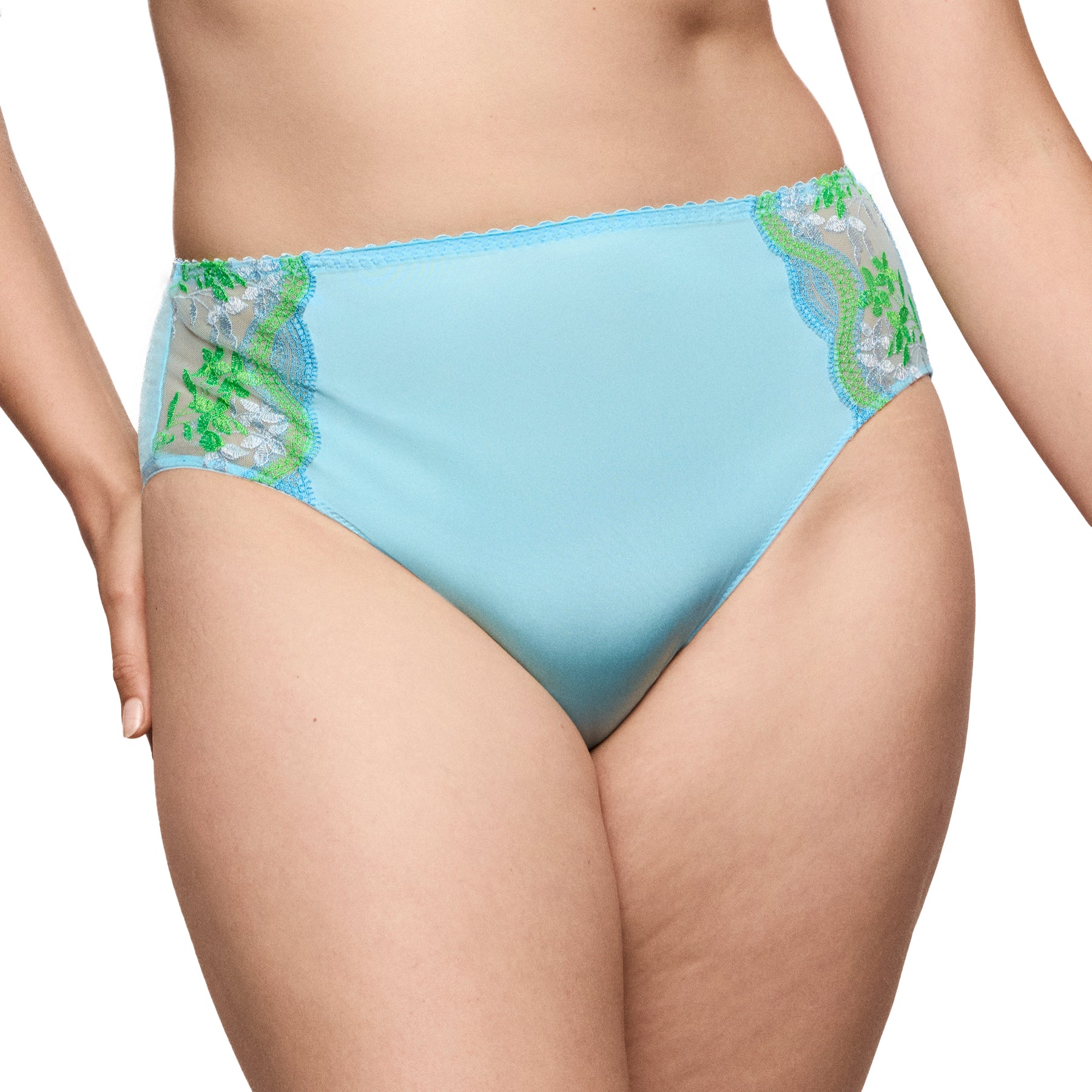 Light blue high-waist brief with green floral embroidery and sheer mesh sides, angled front view