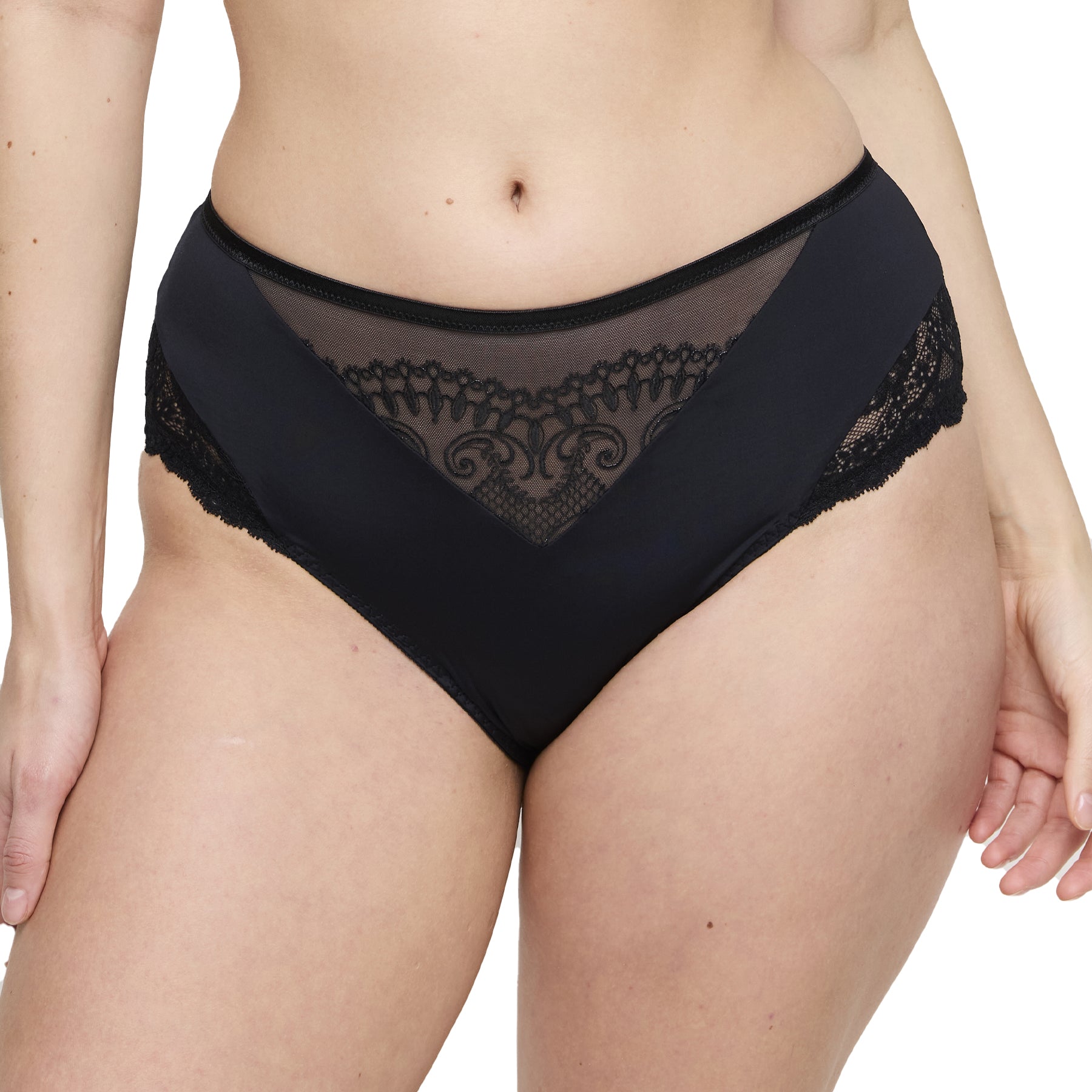 Back view of black lace full cup bra with adjustable straps and hook closure.