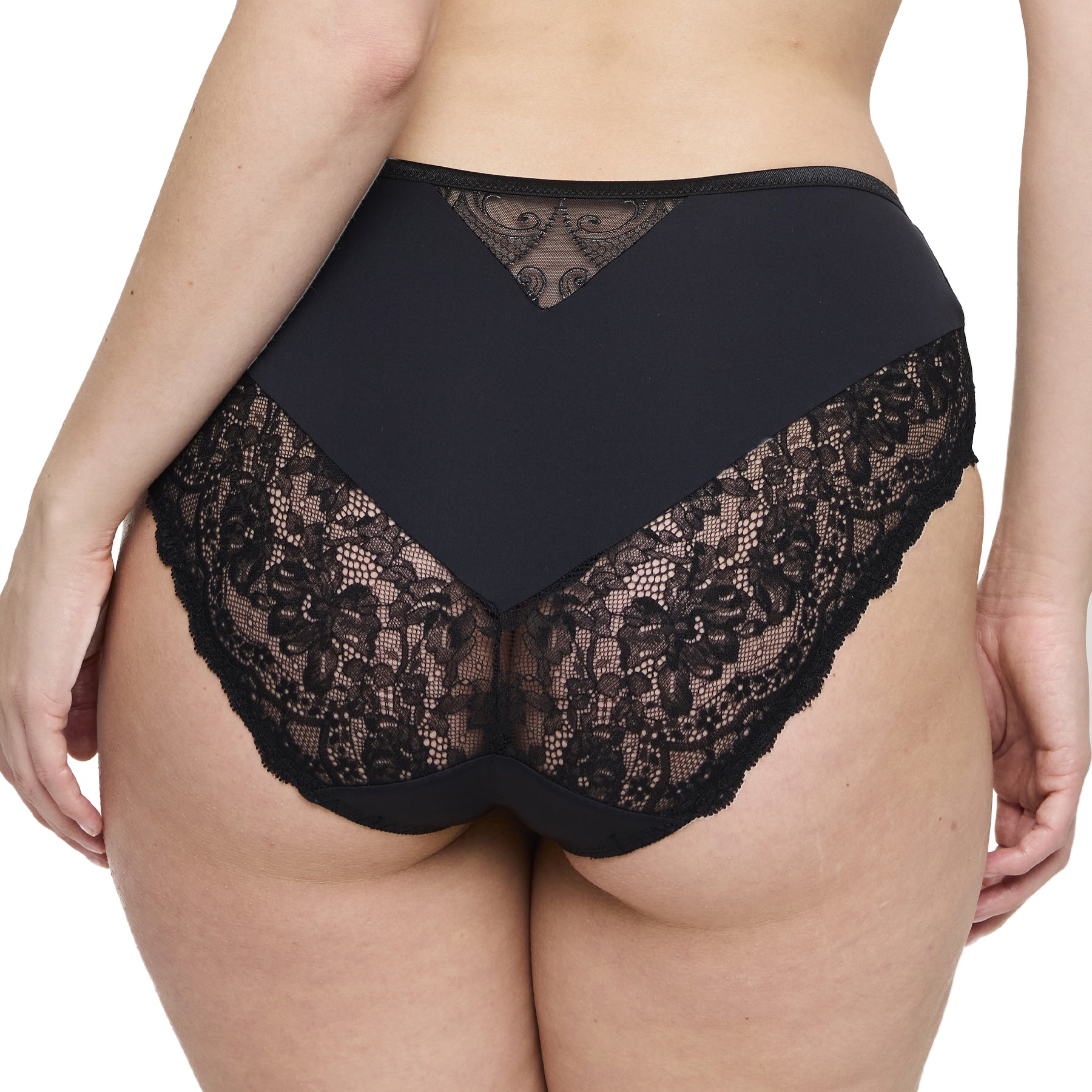 Back view of black lace full cup bra with adjustable straps and hook closure.