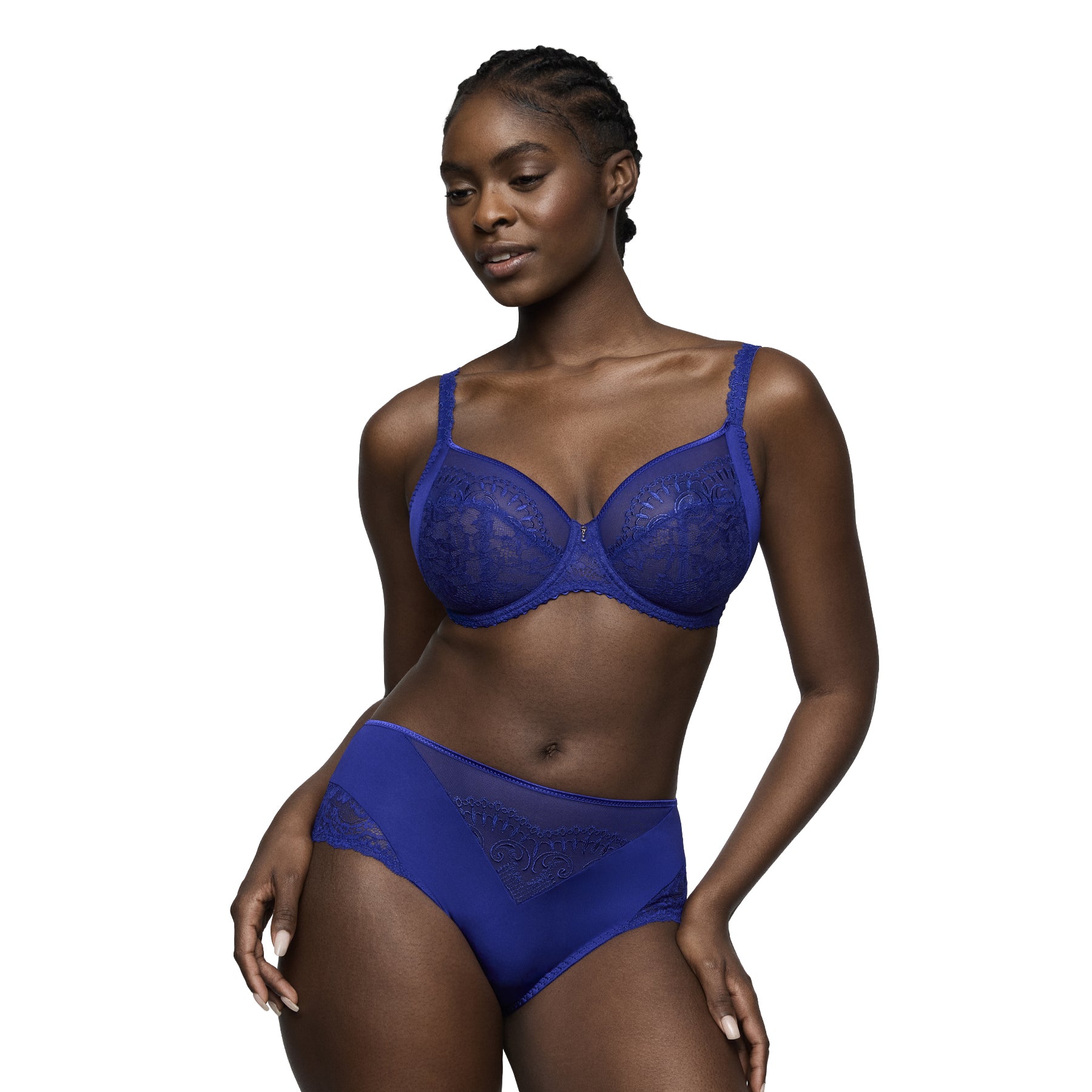 Model wearing the Crazy Blue full brief with a matching lace bra, featuring sheer embroidered details.