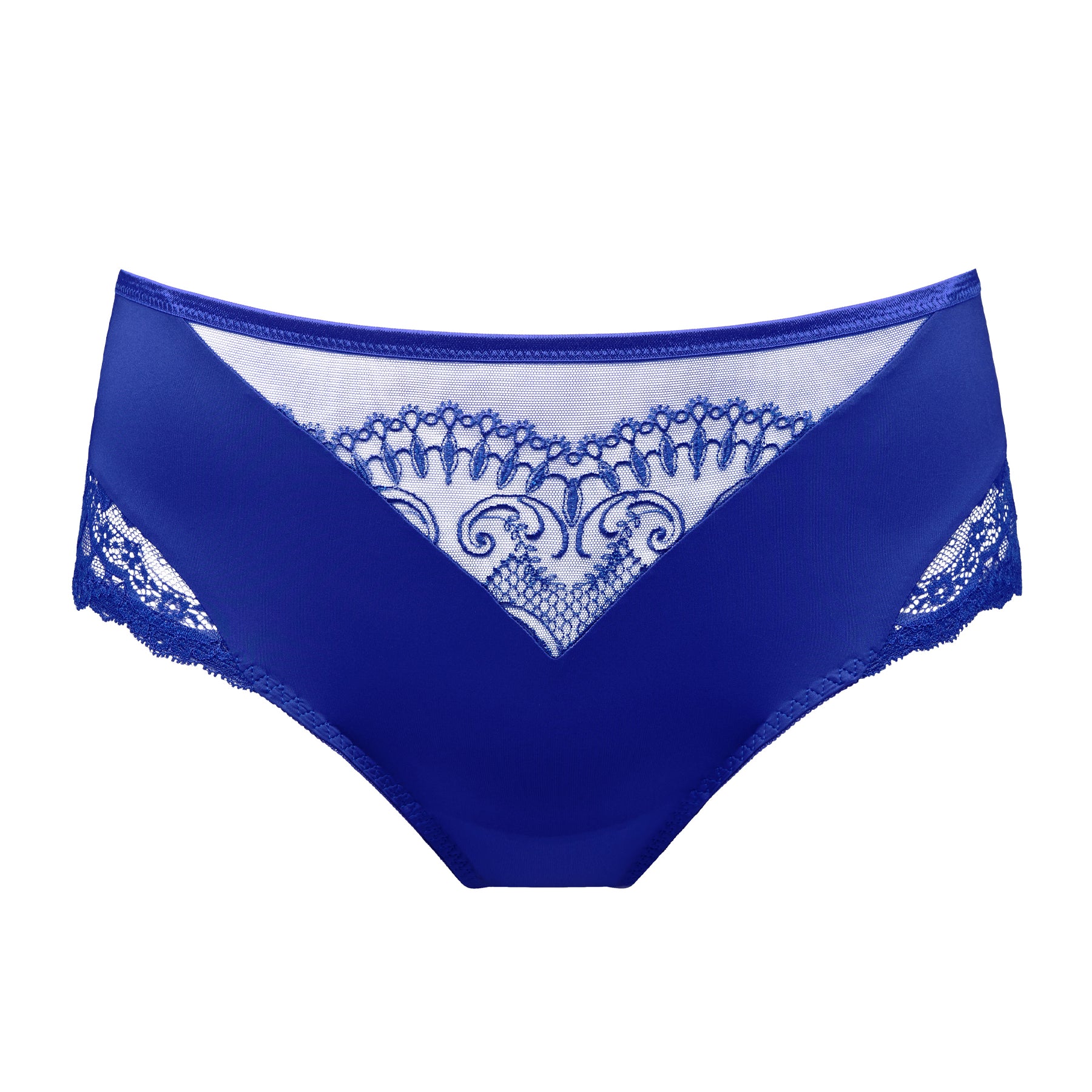 Front view of the Crazy Blue full brief with smooth fabric panels, sheer embroidered mesh and lace side details.