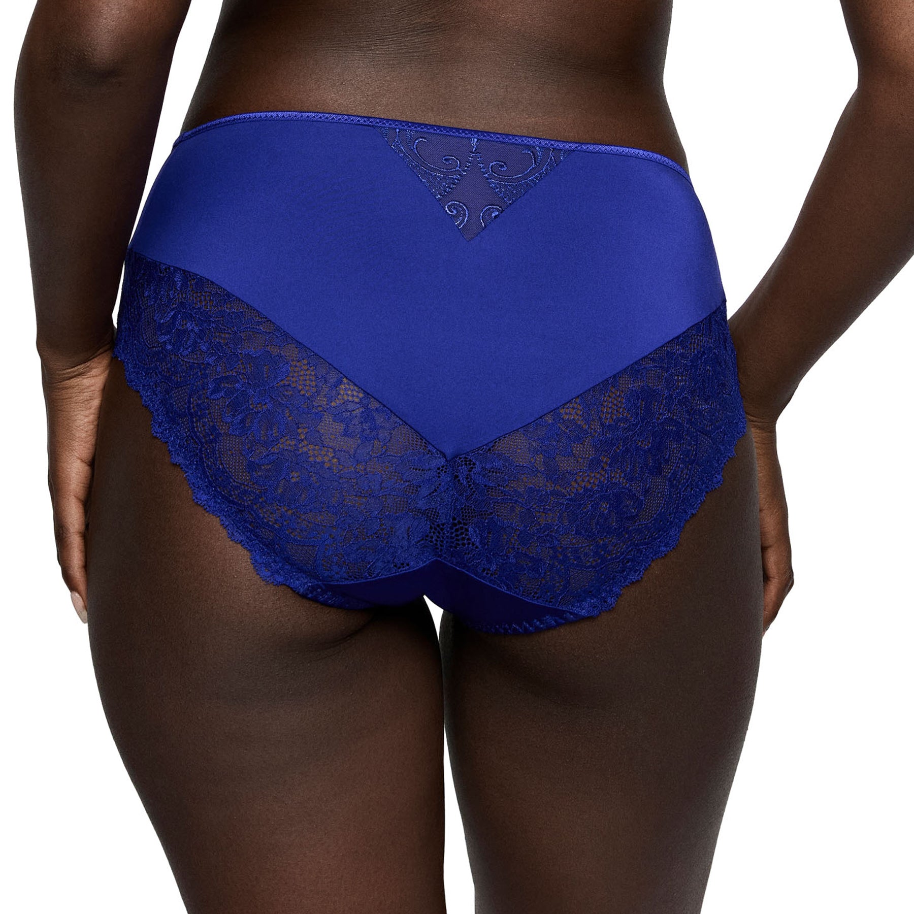 Back view of the Crazy Blue full brief featuring smooth coverage with floral lace panels and sheer embroidered detailing.