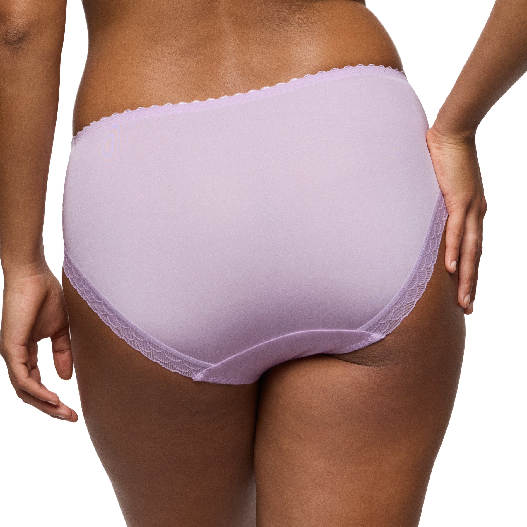 Back view of lavender brief underwear with smooth microfiber rear and delicate scalloped trim along the waistband and leg openings.