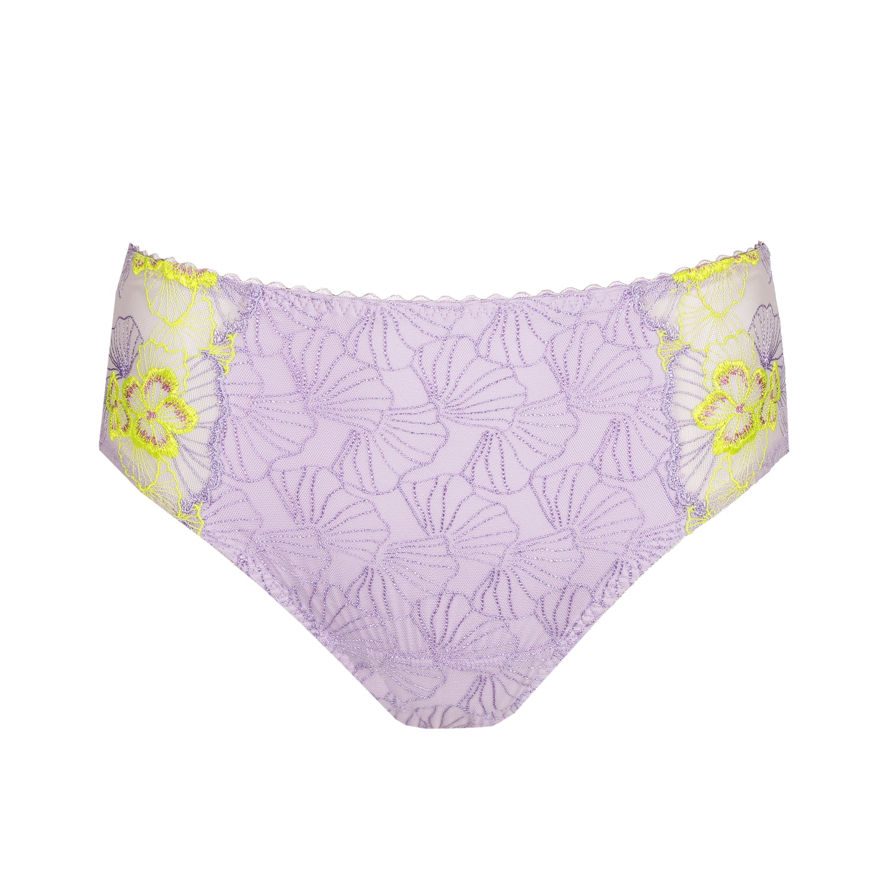 Product-only image of lavender embroidered lace brief featuring sheer floral mesh and lime green appliqué details.