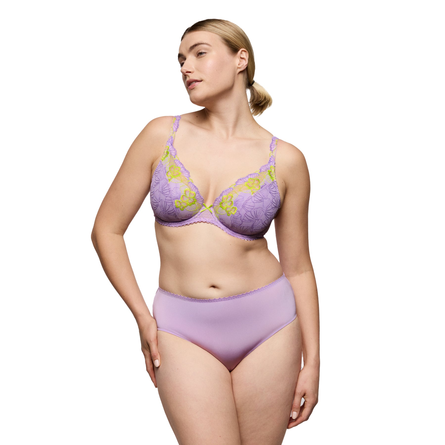 Front view of lavender full brief underwear paired with matching embroidered lace bra in wisteria colour.