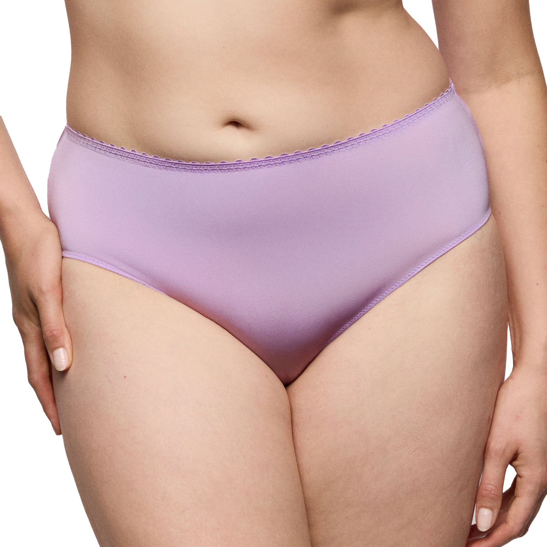 Front close-up of lavender high-rise full brief underwear in smooth microfiber fabric with delicate trim.