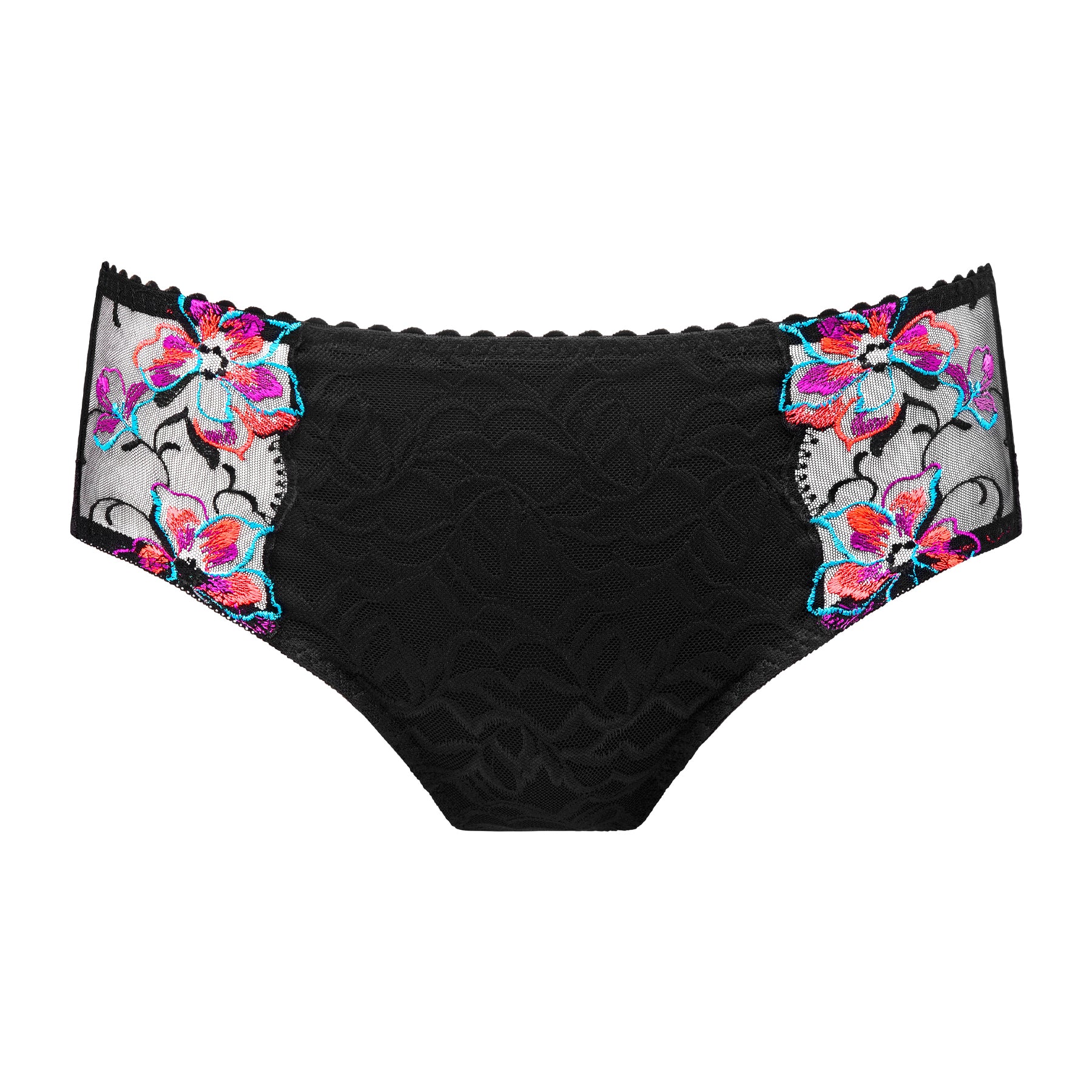 Front product view of PrimaDonna Miyara Full Brief in Floral Eclipse with black lace and vibrant multicolour floral embroidery.