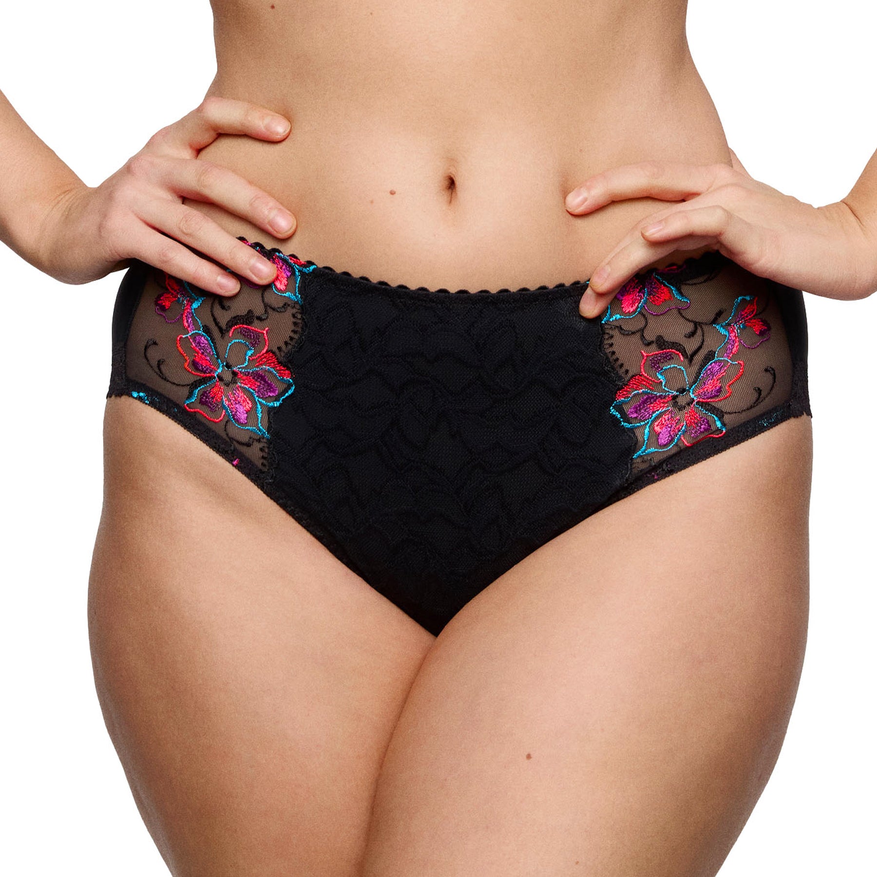 Front view of model wearing PrimaDonna Miyara Full Brief in Floral Eclipse with sheer embroidered floral side panels.