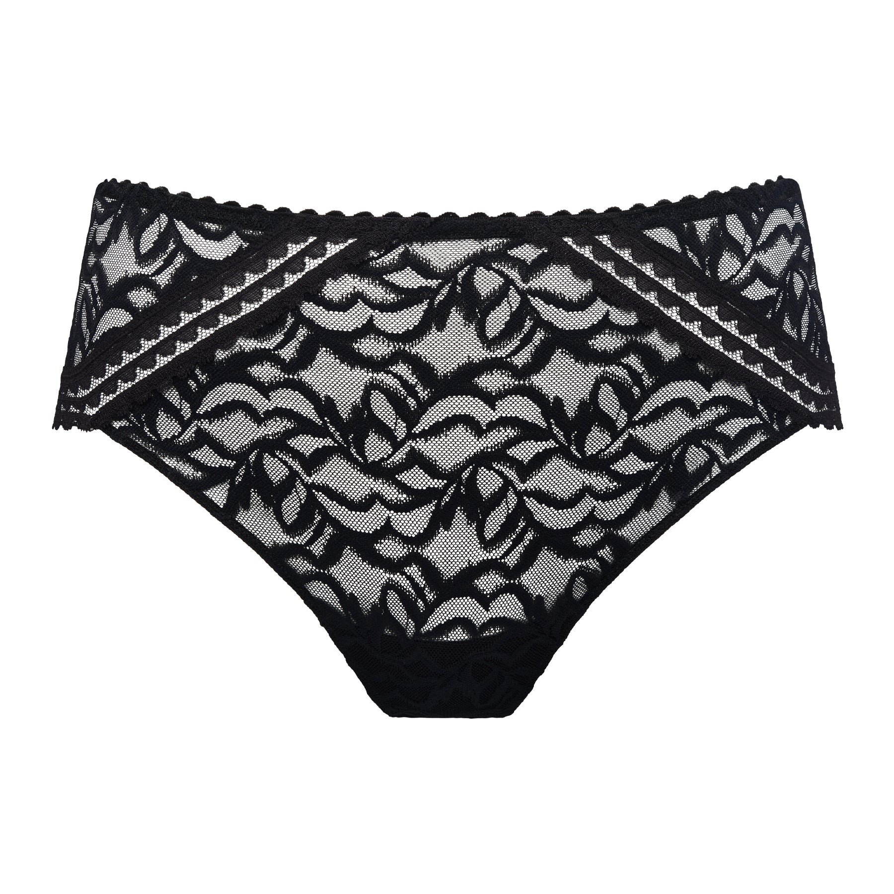 Front product view of PrimaDonna Miyara black lace brief featuring an all-over floral pattern and delicate trim.