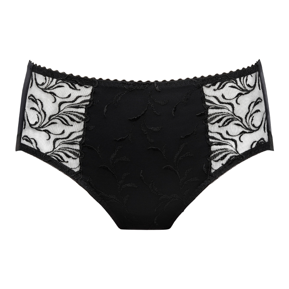 PrimaDonna Solisse Full Brief in black featuring floral embroidery, sheer side panels and a comfortable full-coverage silhouette.
