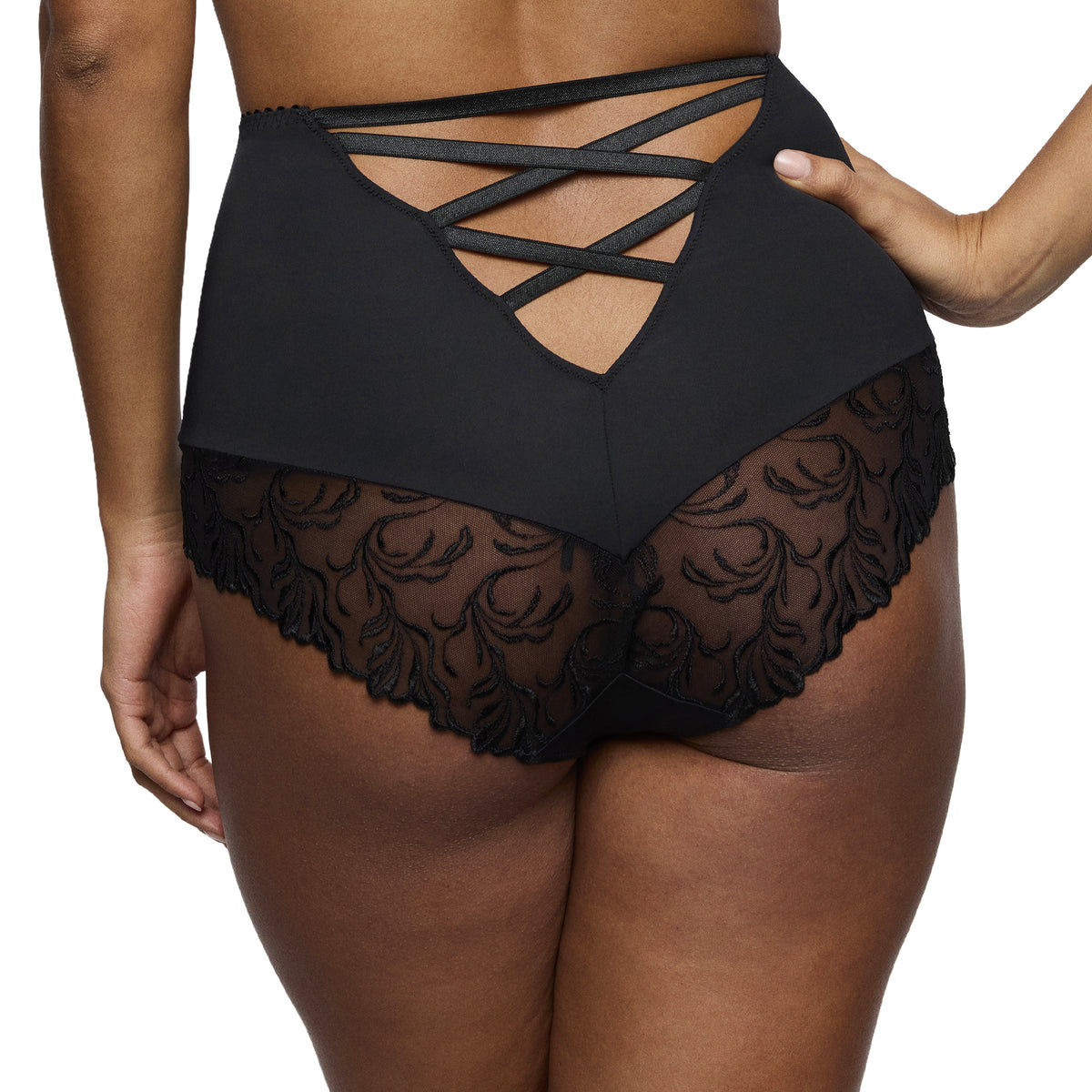 Back view of PrimaDonna Solisse High Waist Brief featuring decorative criss-cross straps and sheer black floral embroidery.