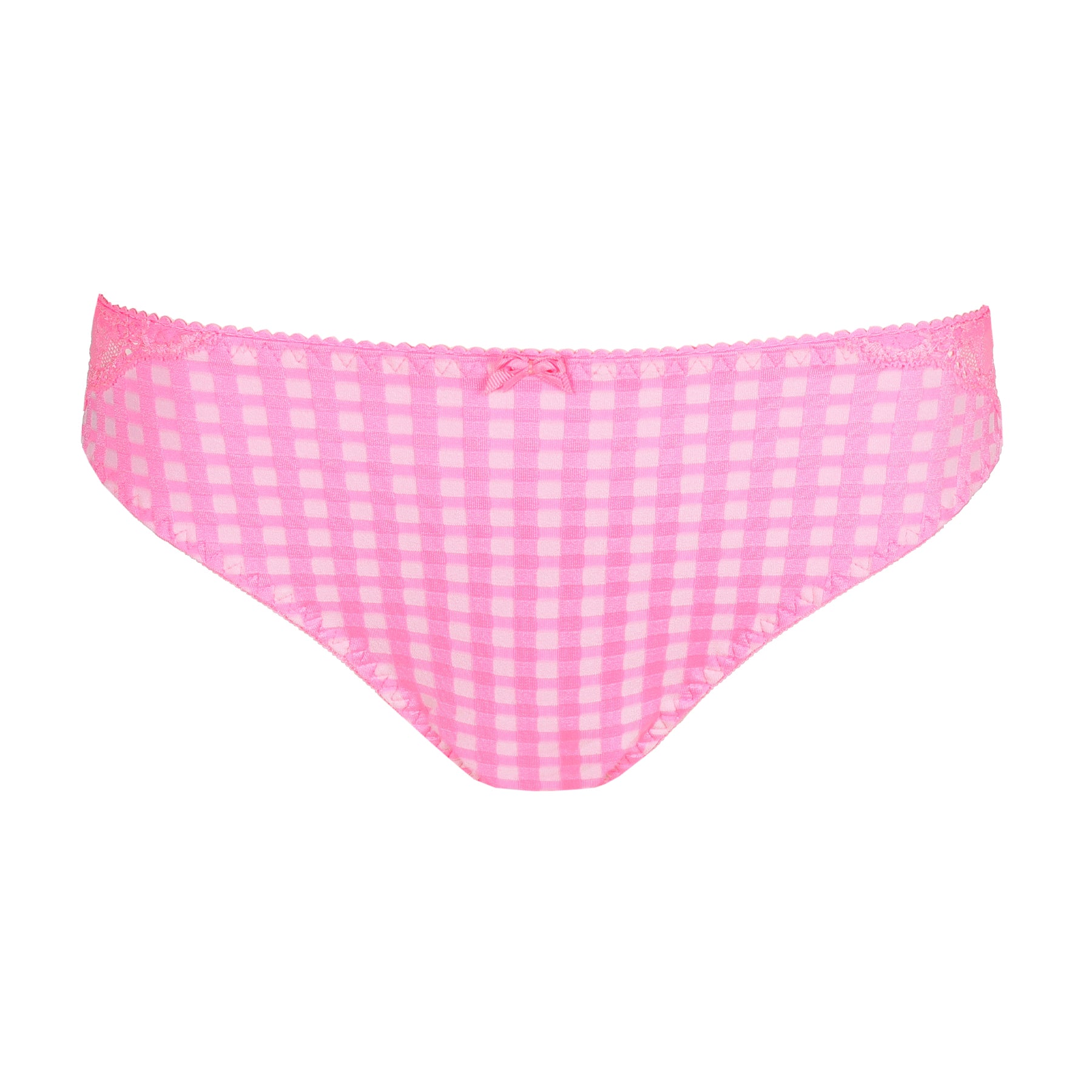 Product image of a pink gingham bikini panty with a small bow at the waistband.