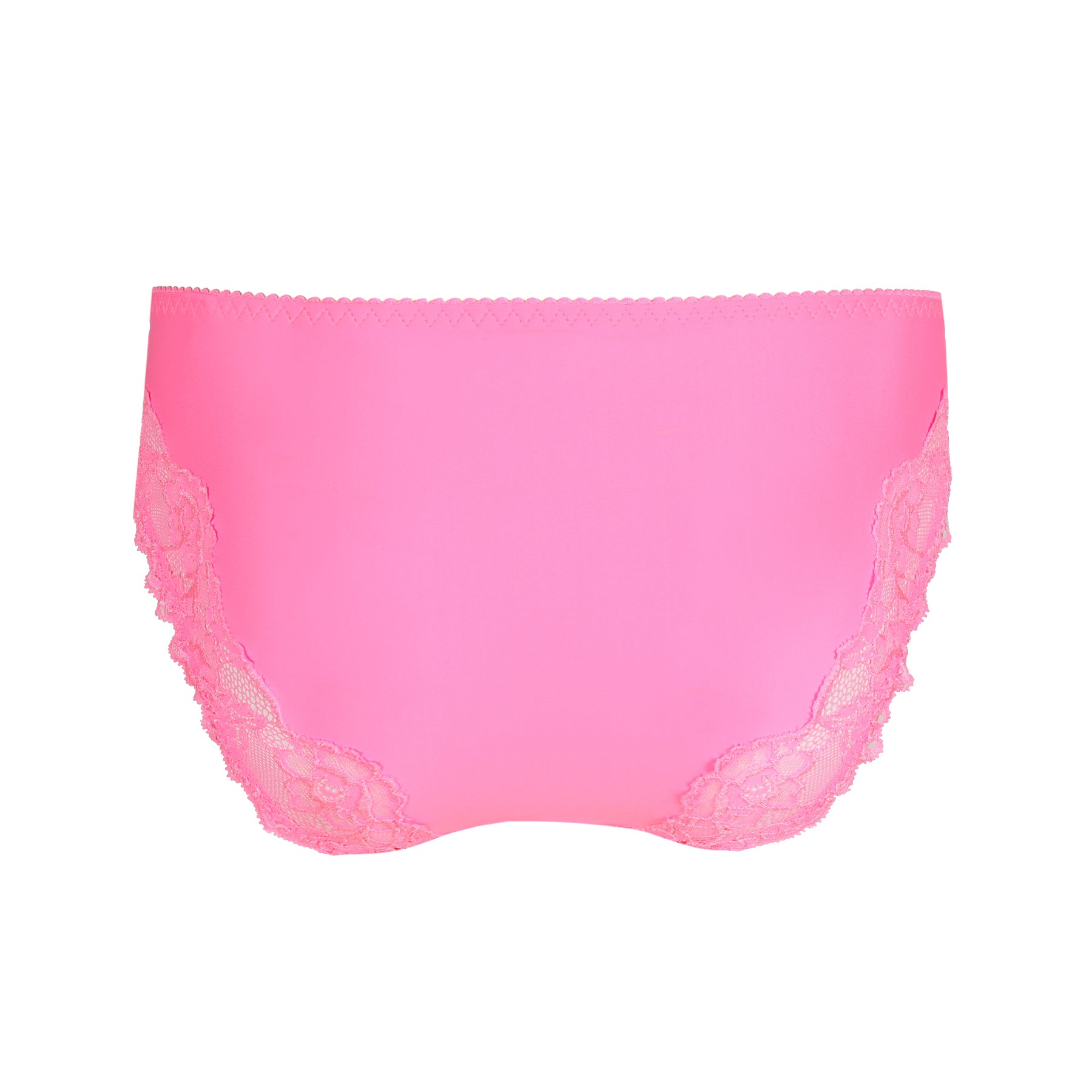 Product image of a high-waisted pink panty with floral lace inserts on both sides.