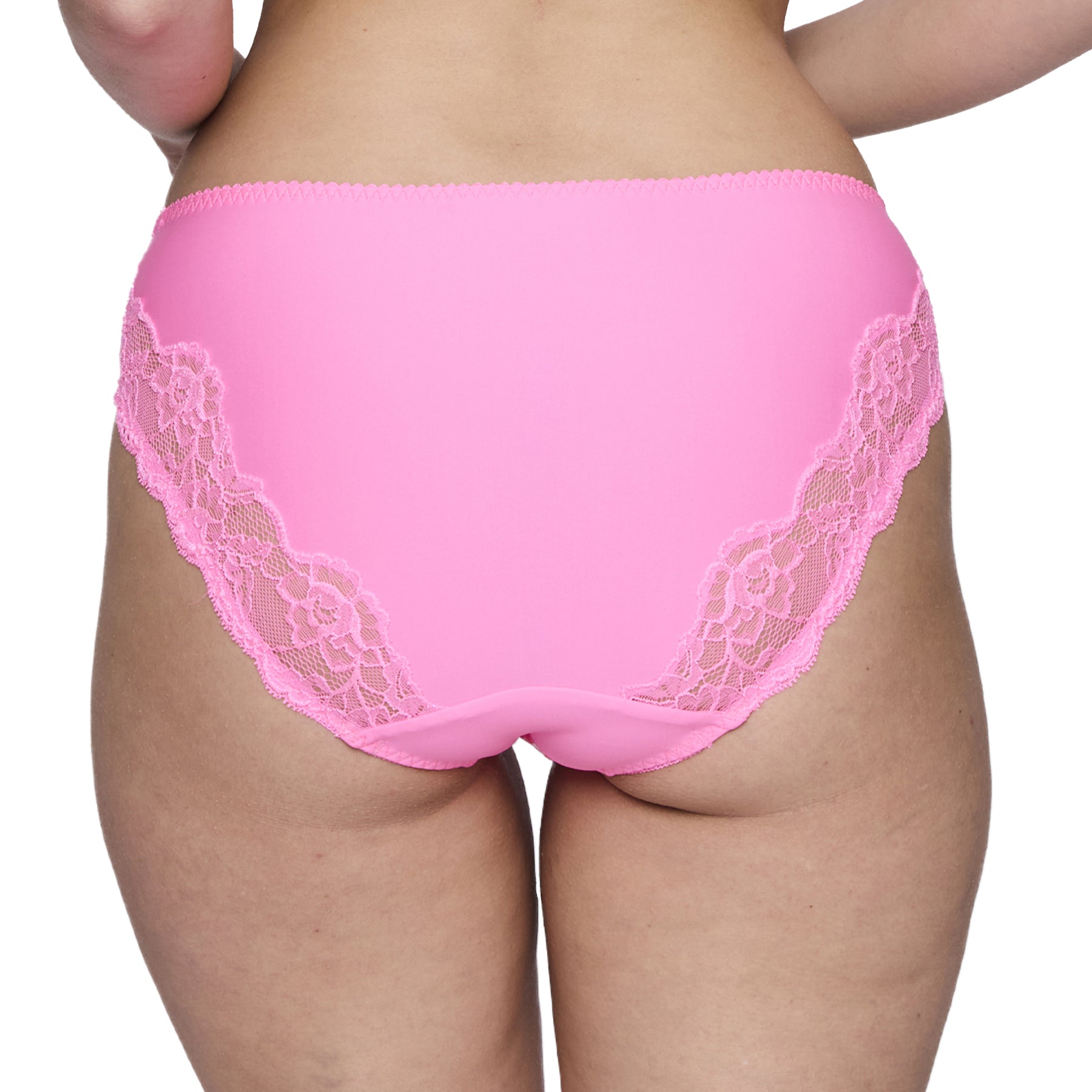 Rear view of a high-waisted solid pink panty featuring floral lace detail on both sides.