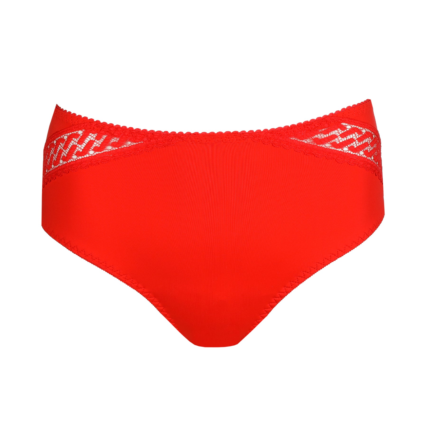 Red women's underwear with white lace trim on a white background