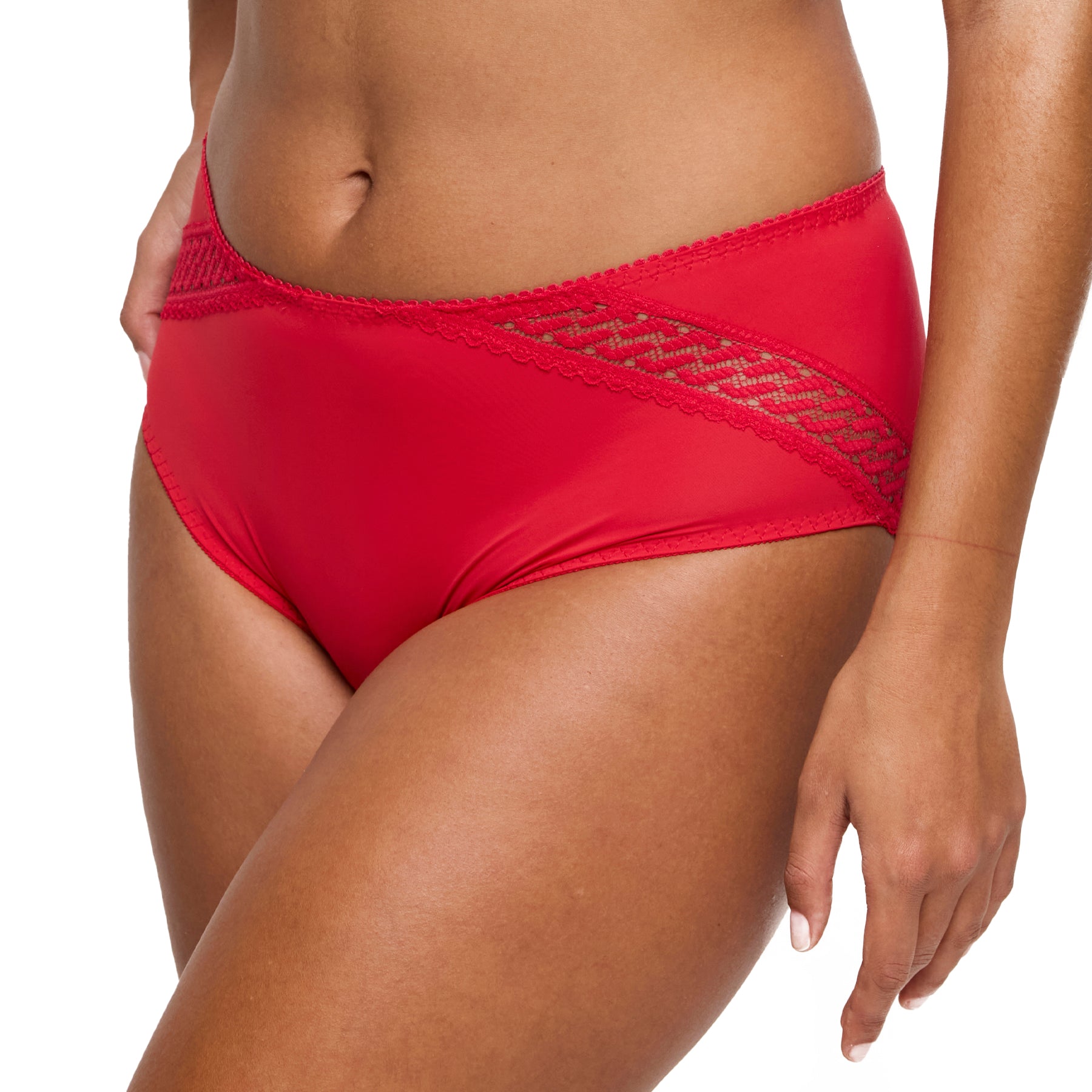 Red bikini bottom with lace detail on a white background