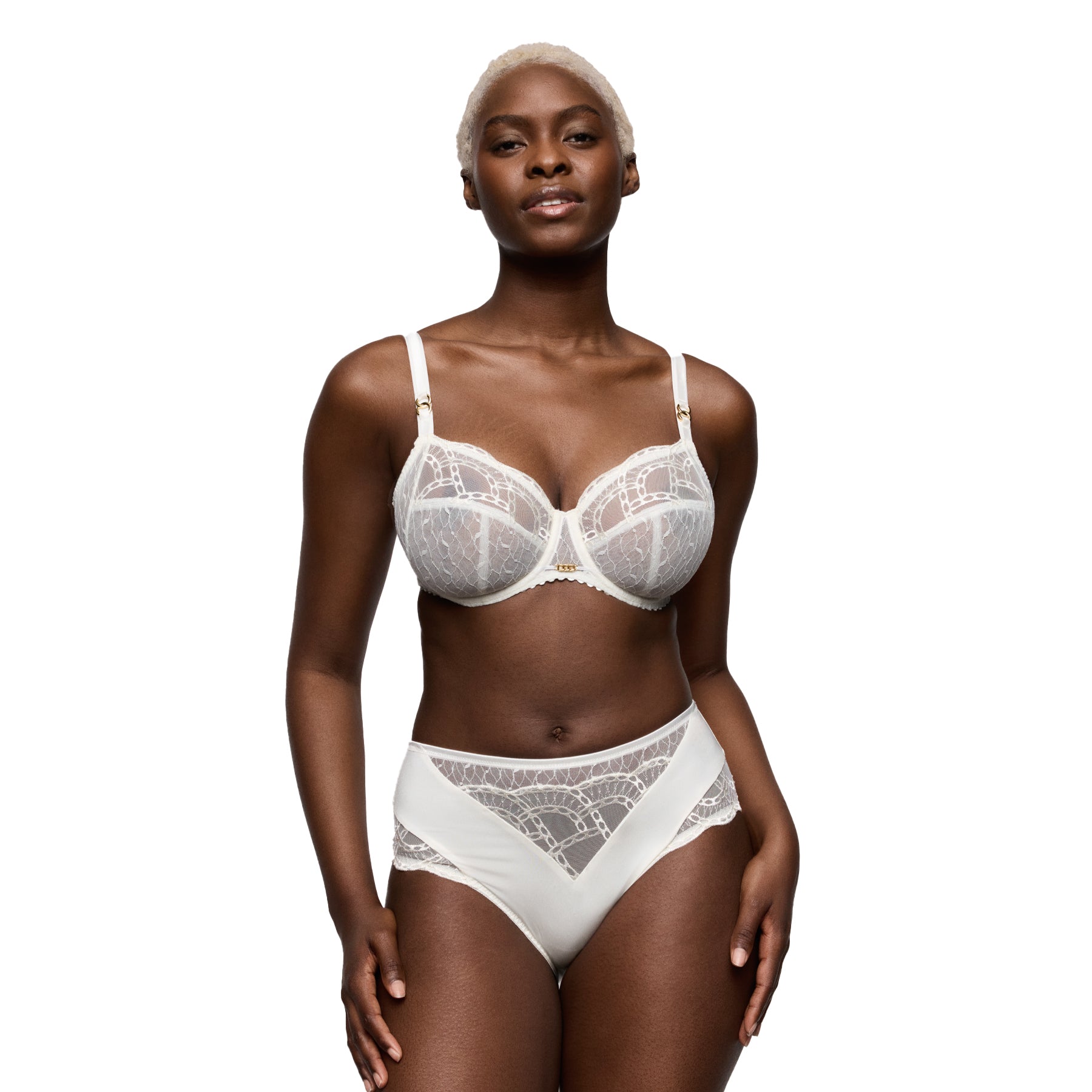 Woman wearing an ivory lace underwire bra with matching high-waist brief, shown on a model against a white background.