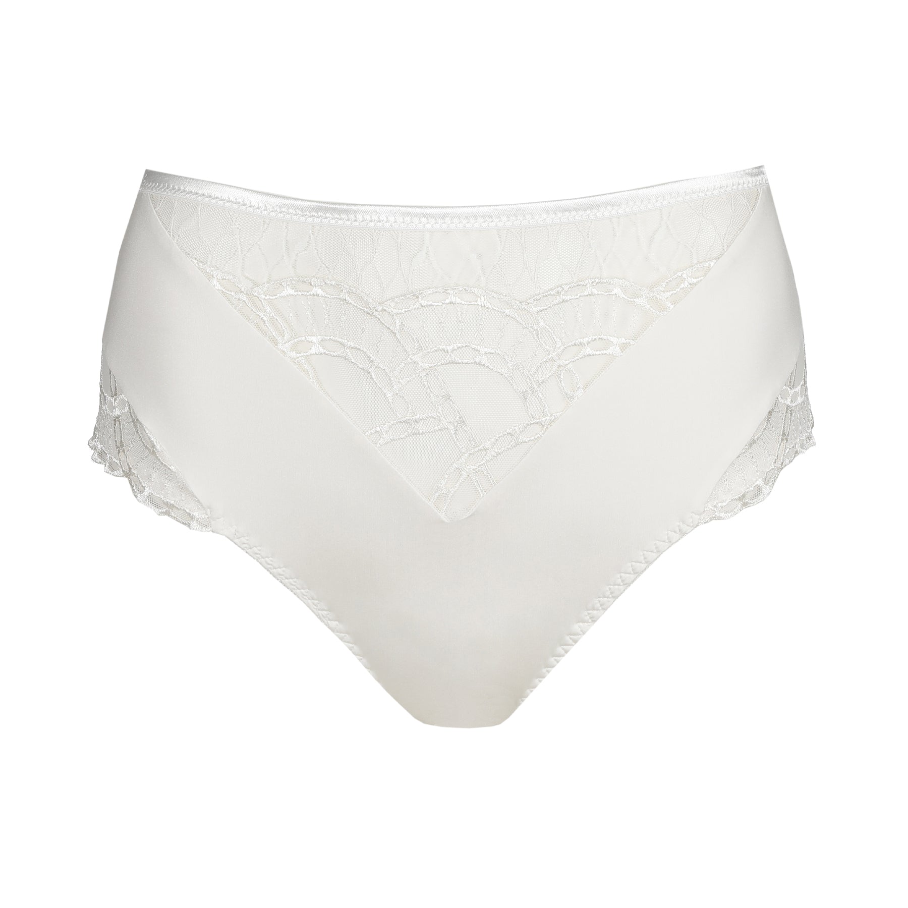 Ivory high-waist brief with sheer lace front panel and smooth fabric finish, shown flat on a white background.