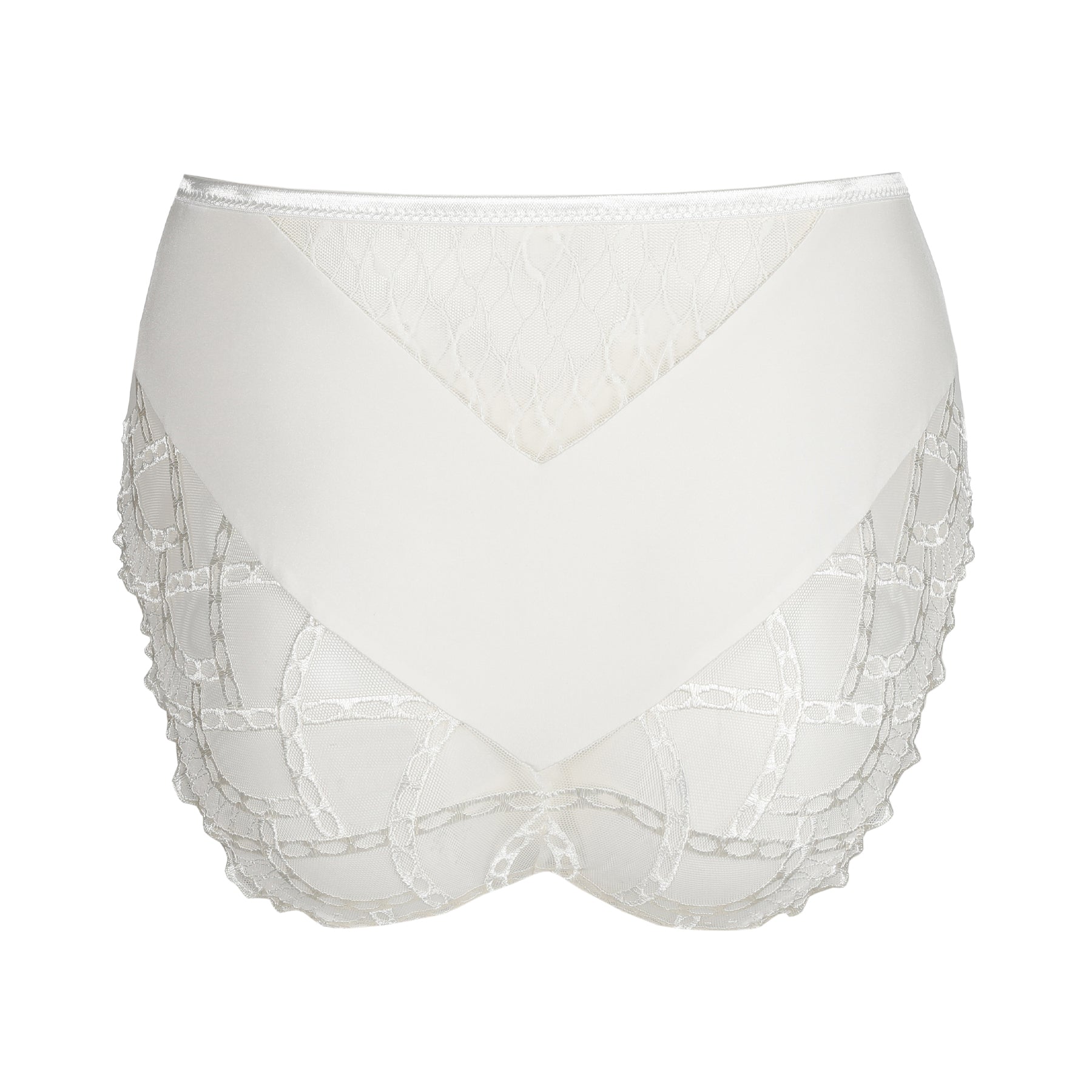 Back view of ivory high-waist brief featuring sheer lace panels and smooth, supportive coverage.