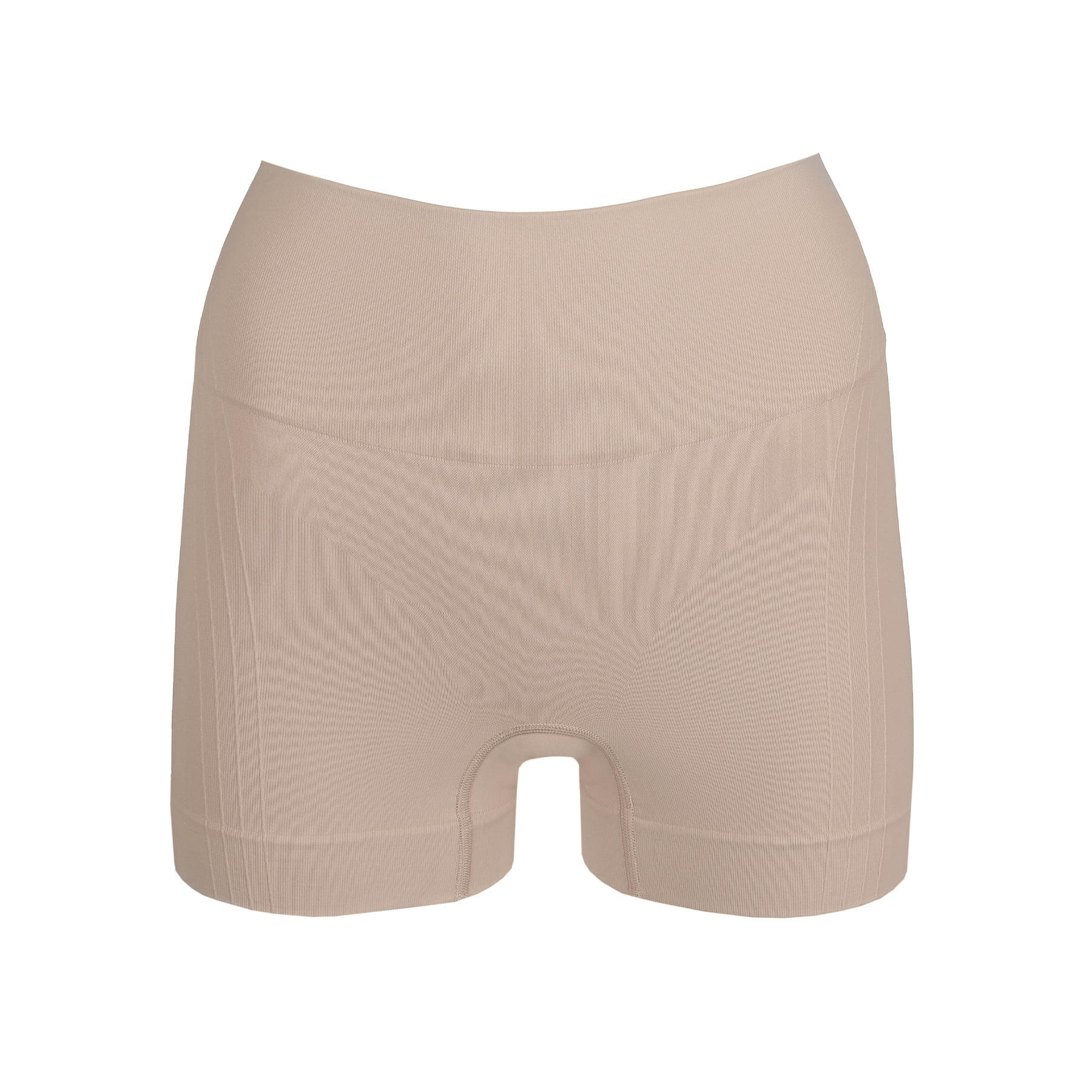 Nude high-waisted seamless shaping shorts with tummy control and thigh smoothing panels - product image on white background