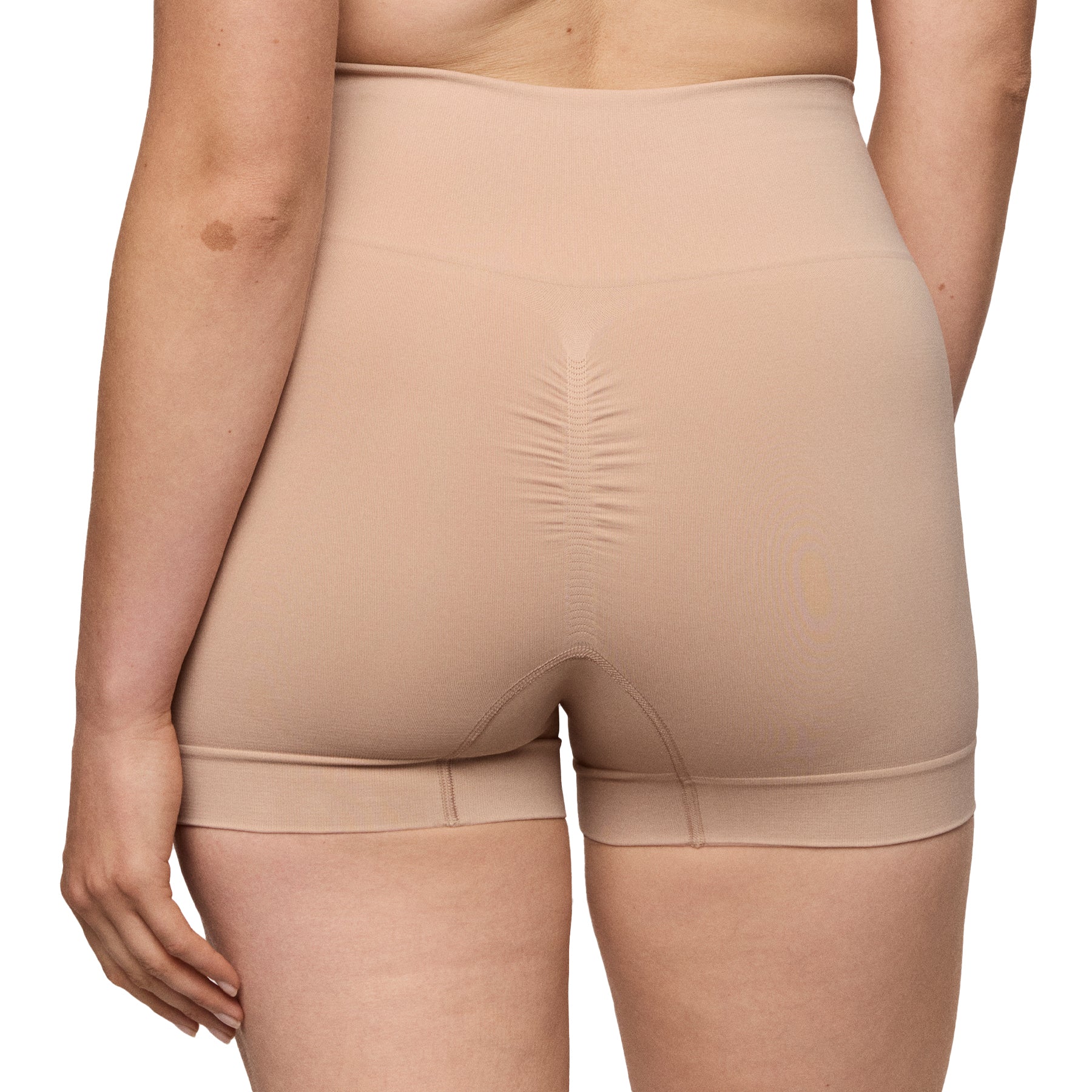 Back view of nude high-waisted shaper shorts with sculpting support and seamless design