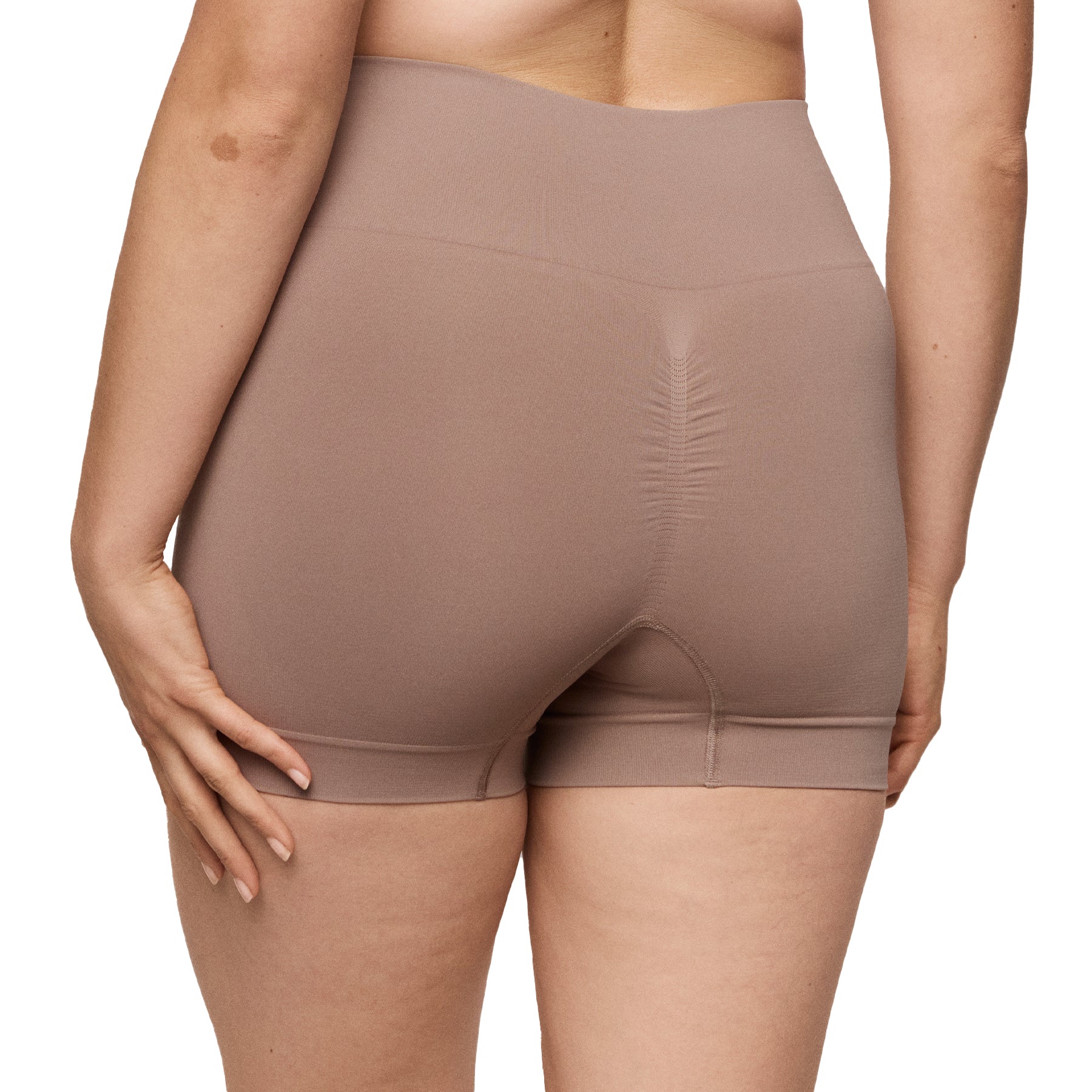 Back view of cocoa seamless shaper shorts with sculpting support and ruched back detail