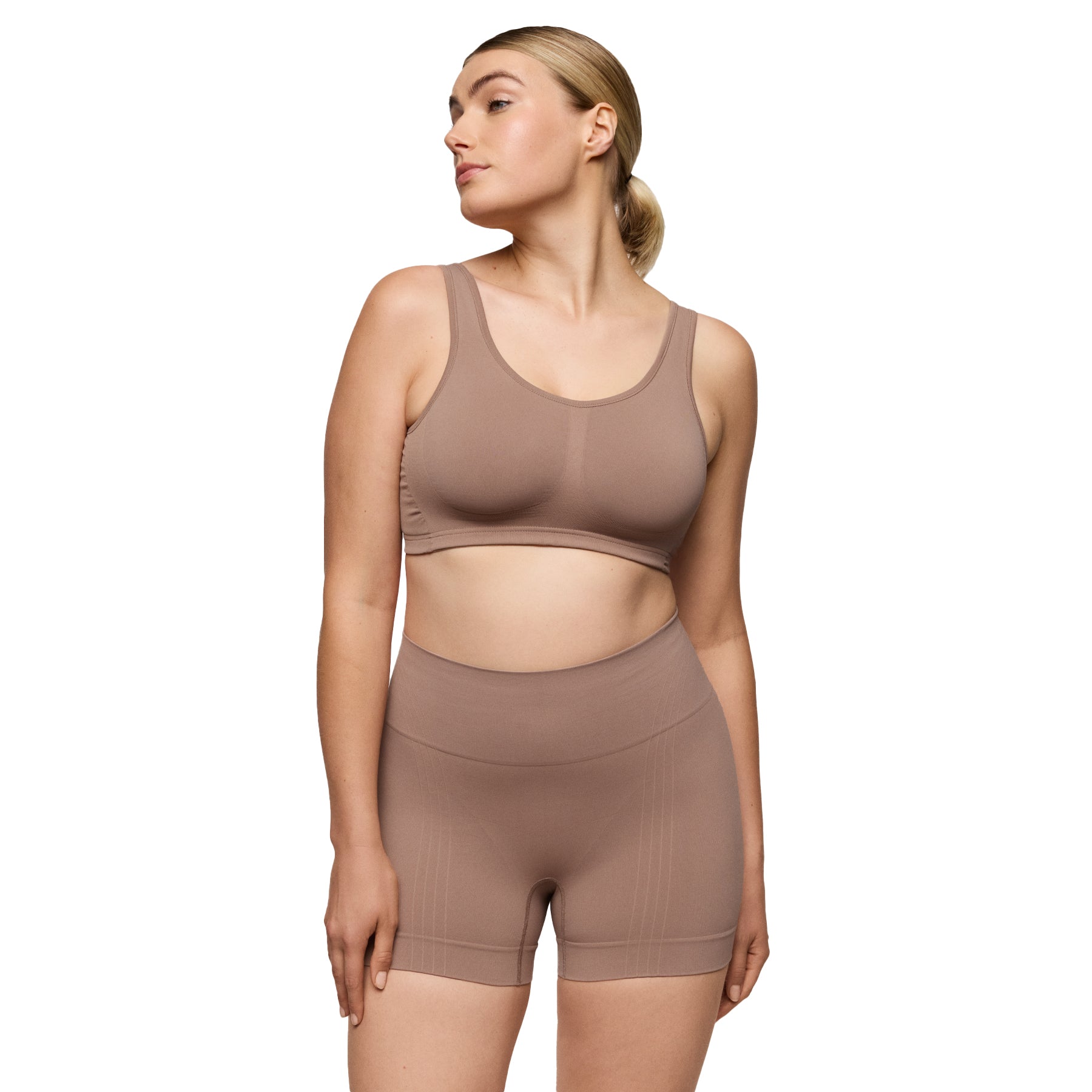 Model wearing cocoa seamless bralette and matching high-waisted shaping shorts - full front view