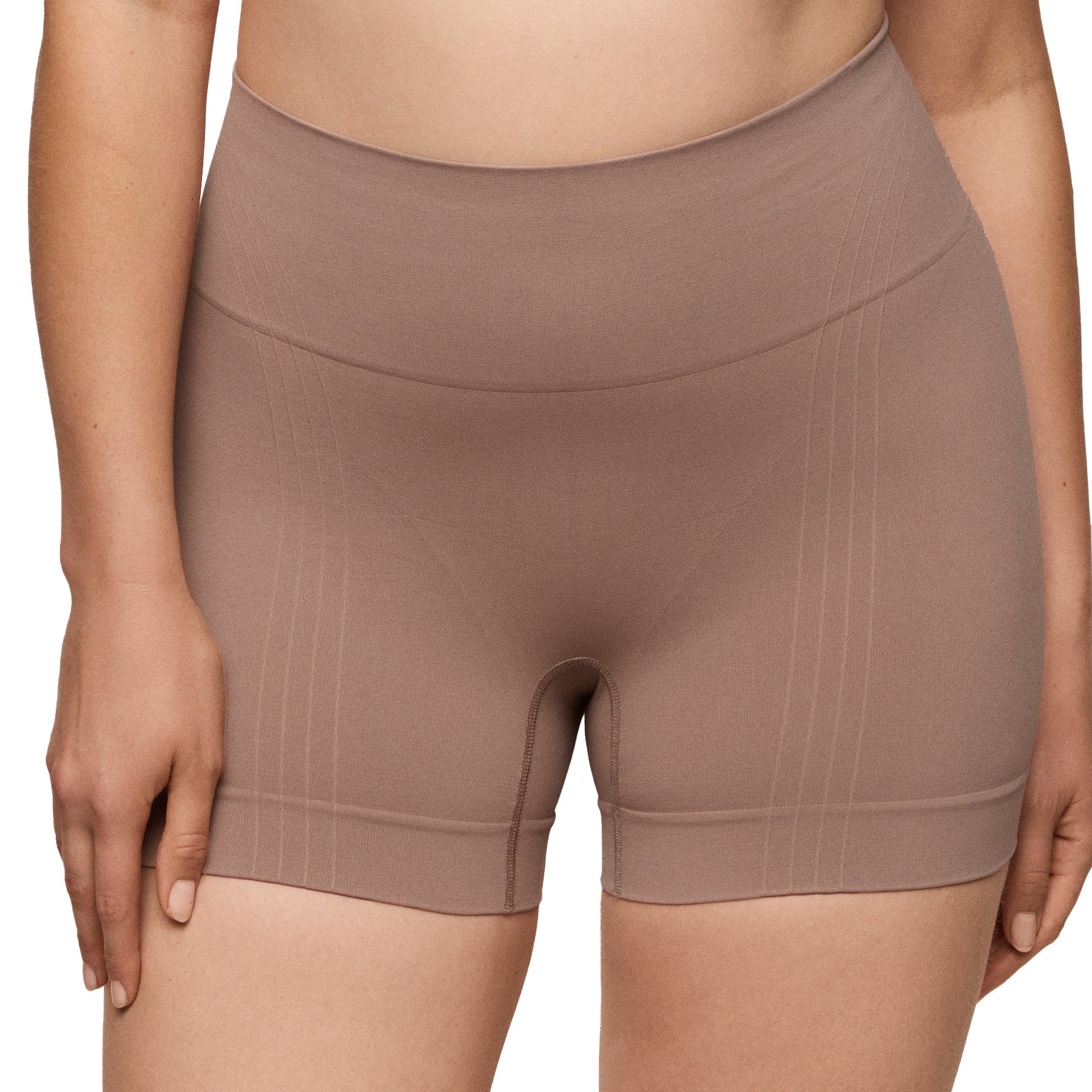 Front close-up of cocoa seamless shaper shorts showing wide waistband and smoothing compression fabric