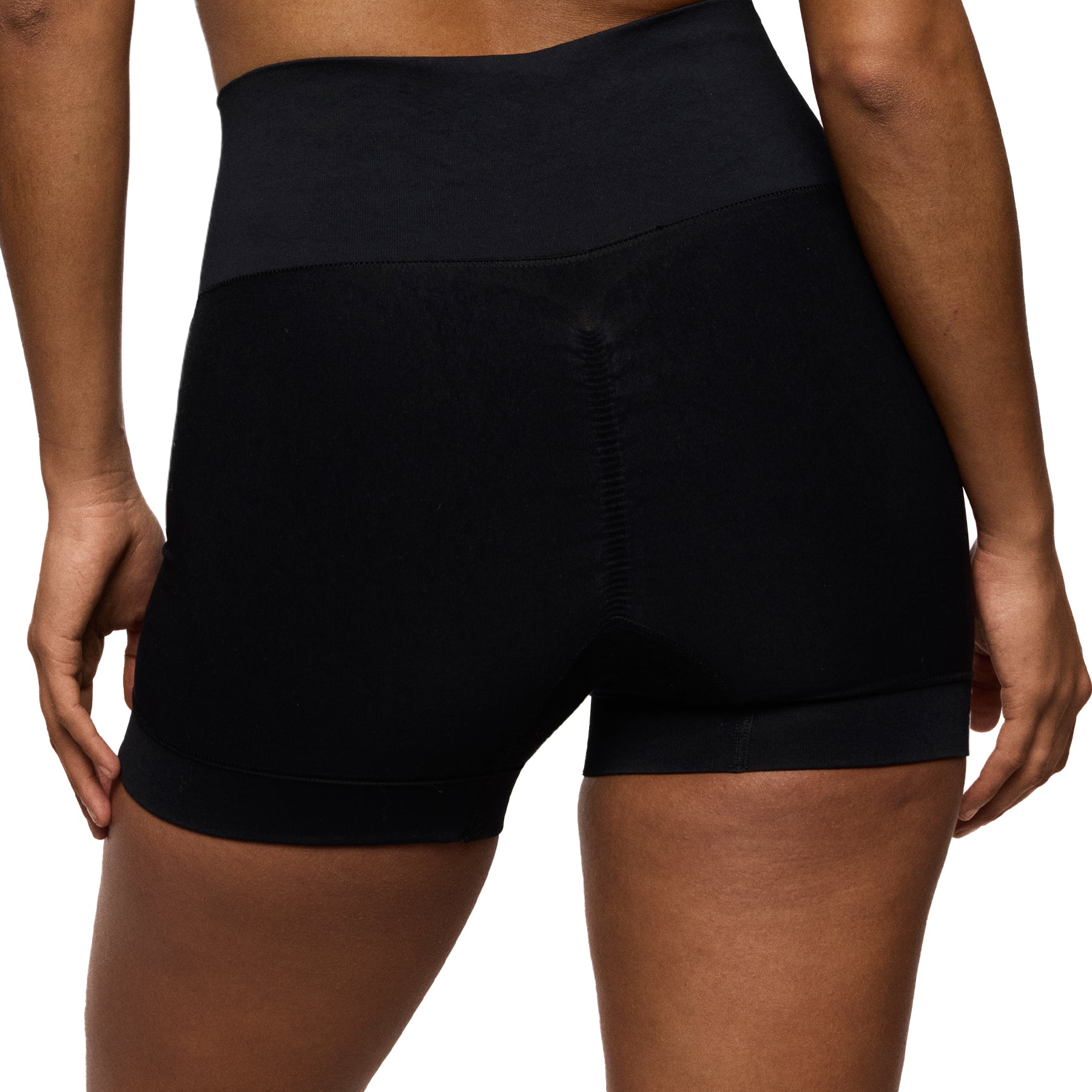 Back view of black high-waisted seamless shaping shorts with smoothing compression and sculpting support