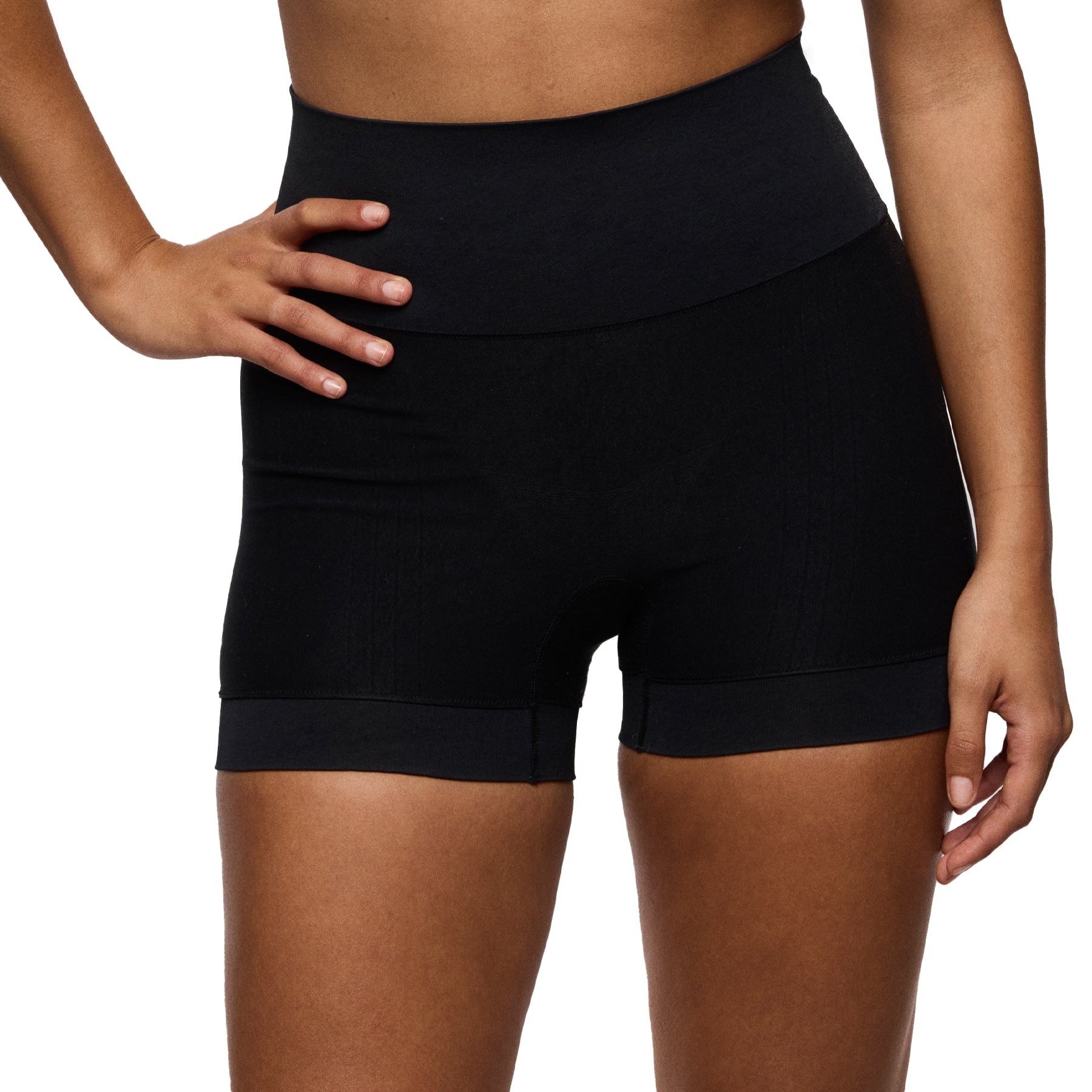 Front view of black shaping shorts with wide tummy-control waistband
