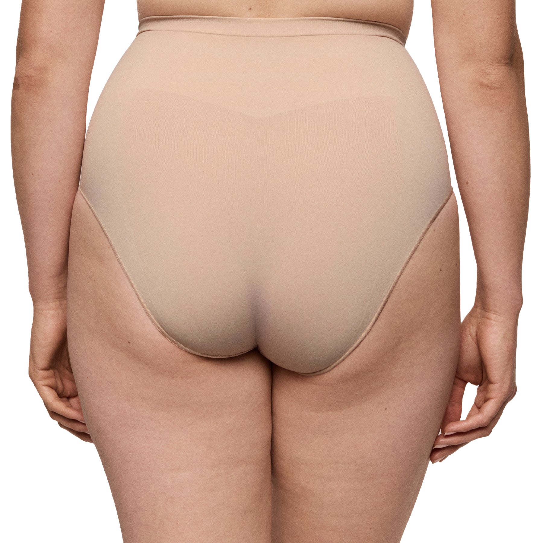 Back view of nude high-rise shaping brief with full coverage and seamless finish