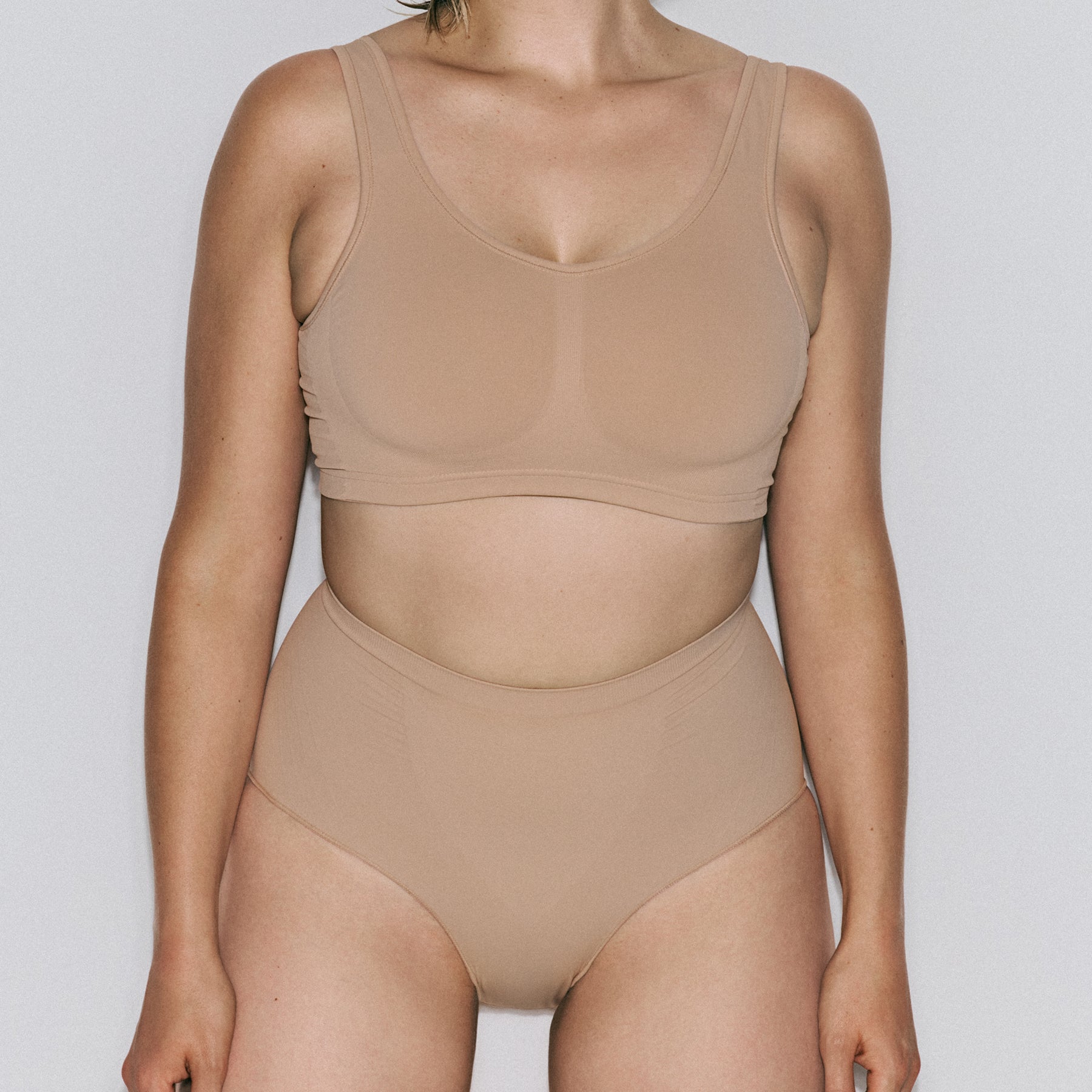 Close-up front view of nude shaping brief with supportive wide waistband